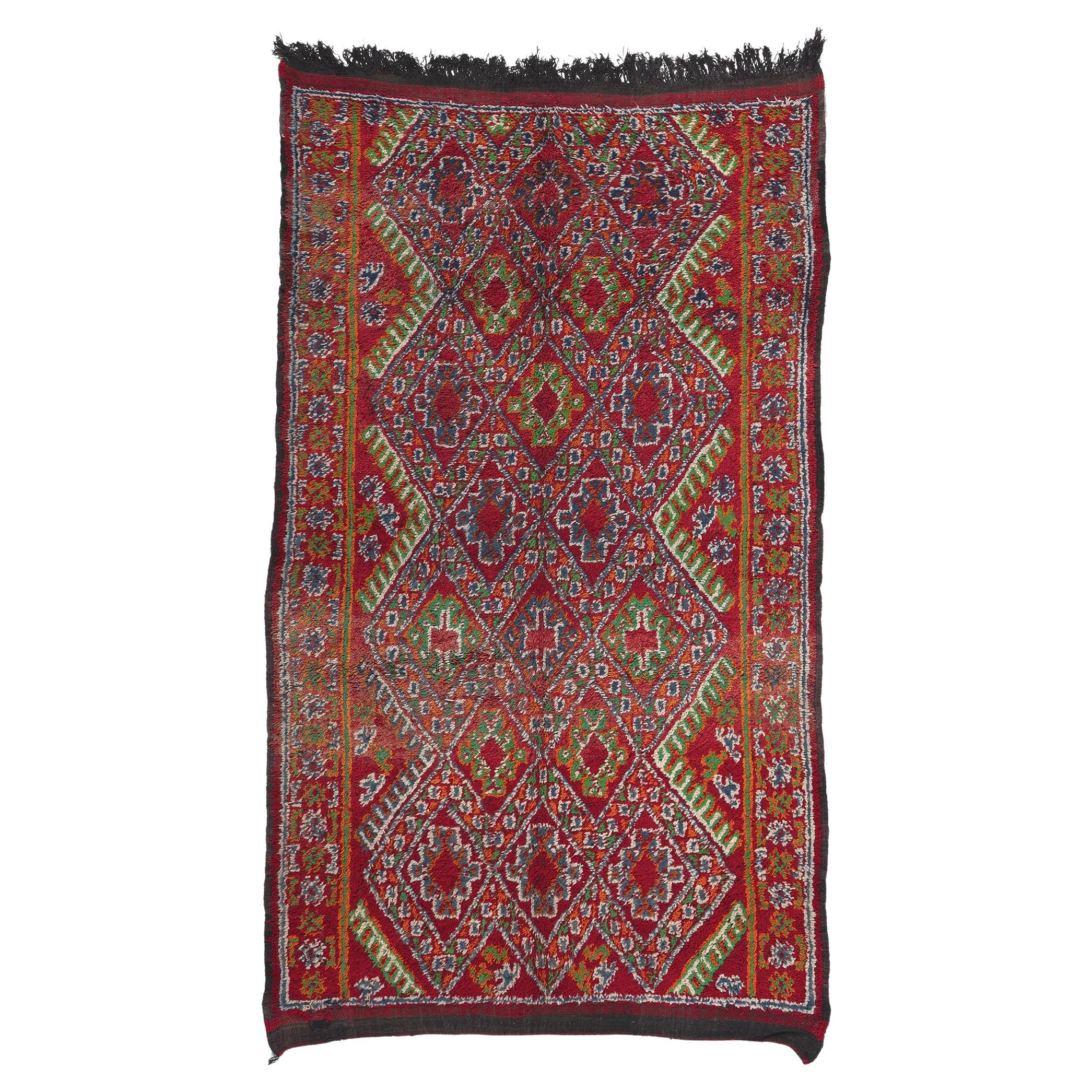 Vintage Red Beni MGuild Moroccan Rug, Midcentury Modern Meets Tribal Enchantment For Sale