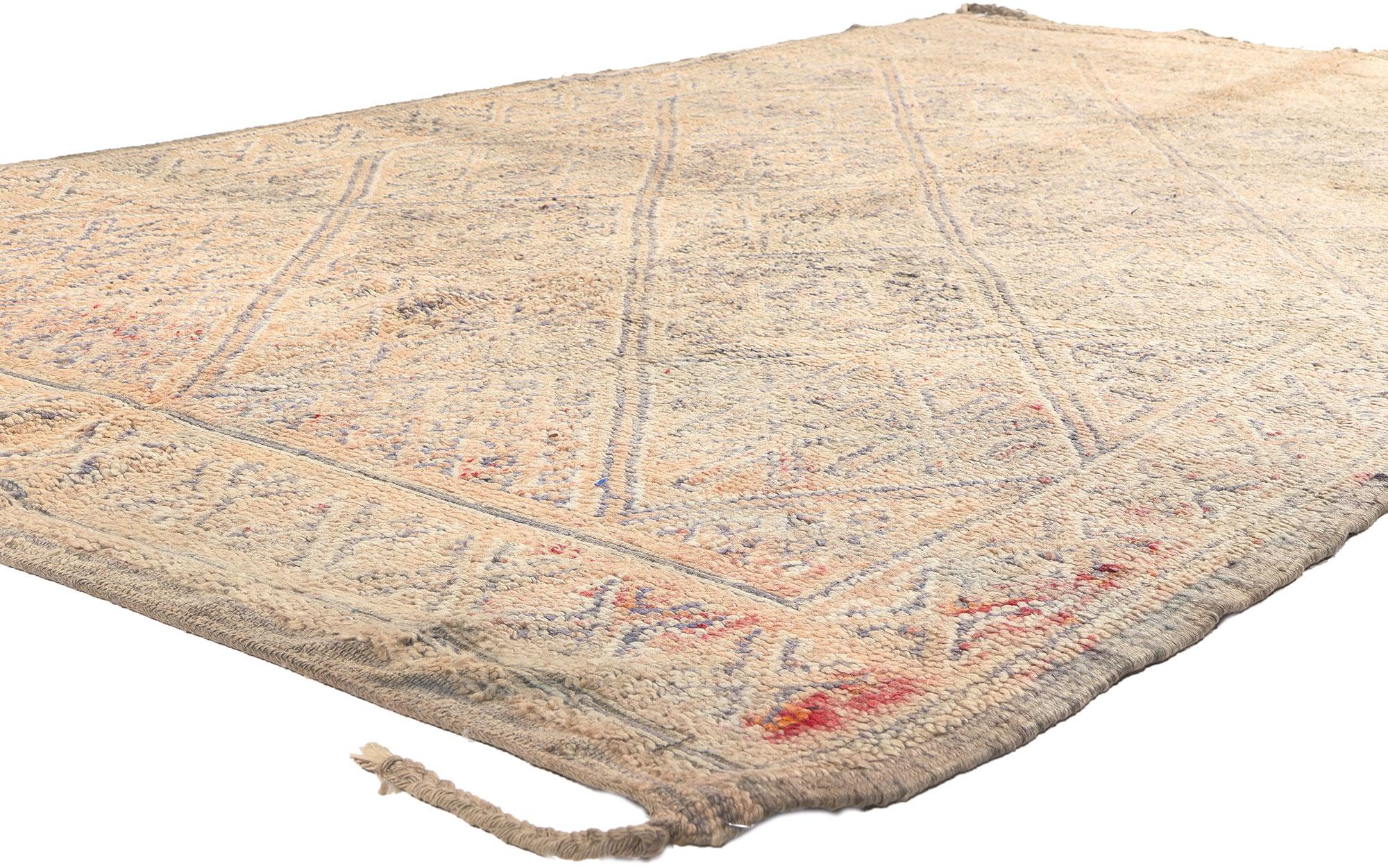 20973 Vintage Beni MGuild Moroccan Rug, 06'03 x 11'03.
Woven with the enchanting expertise of Berber women from the Ait M'Guild tribe in the mystical Atlas Mountains of Morocco, Beni Mguild rugs are revered for their masterful craftsmanship and