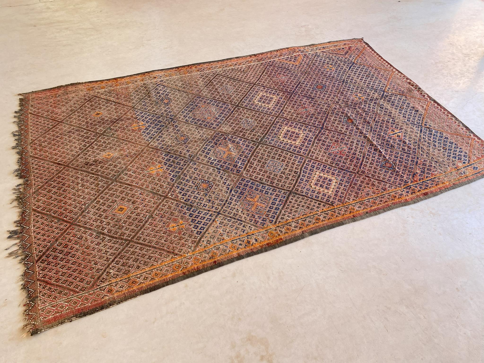 Moroccan Vintage Beni Mguild rug - Orange/terracotta/blue - 6.1x9.8feet / 186x298cm For Sale