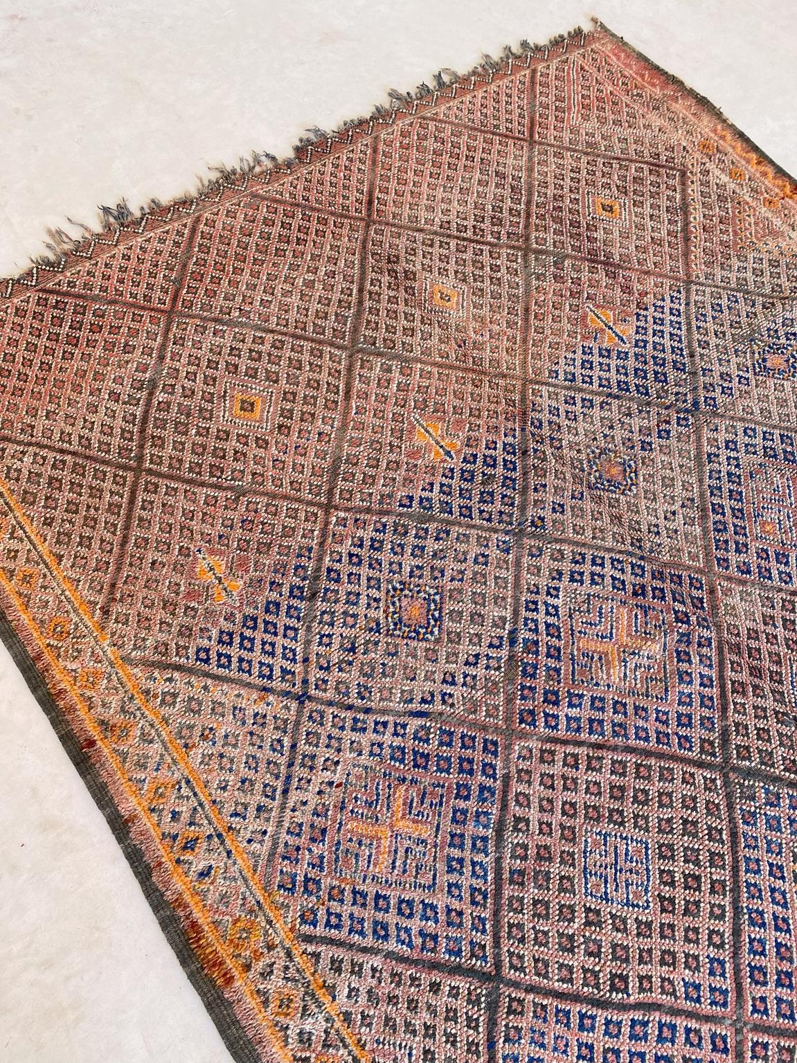 Wool Vintage Beni Mguild rug - Orange/terracotta/blue - 6.1x9.8feet / 186x298cm For Sale
