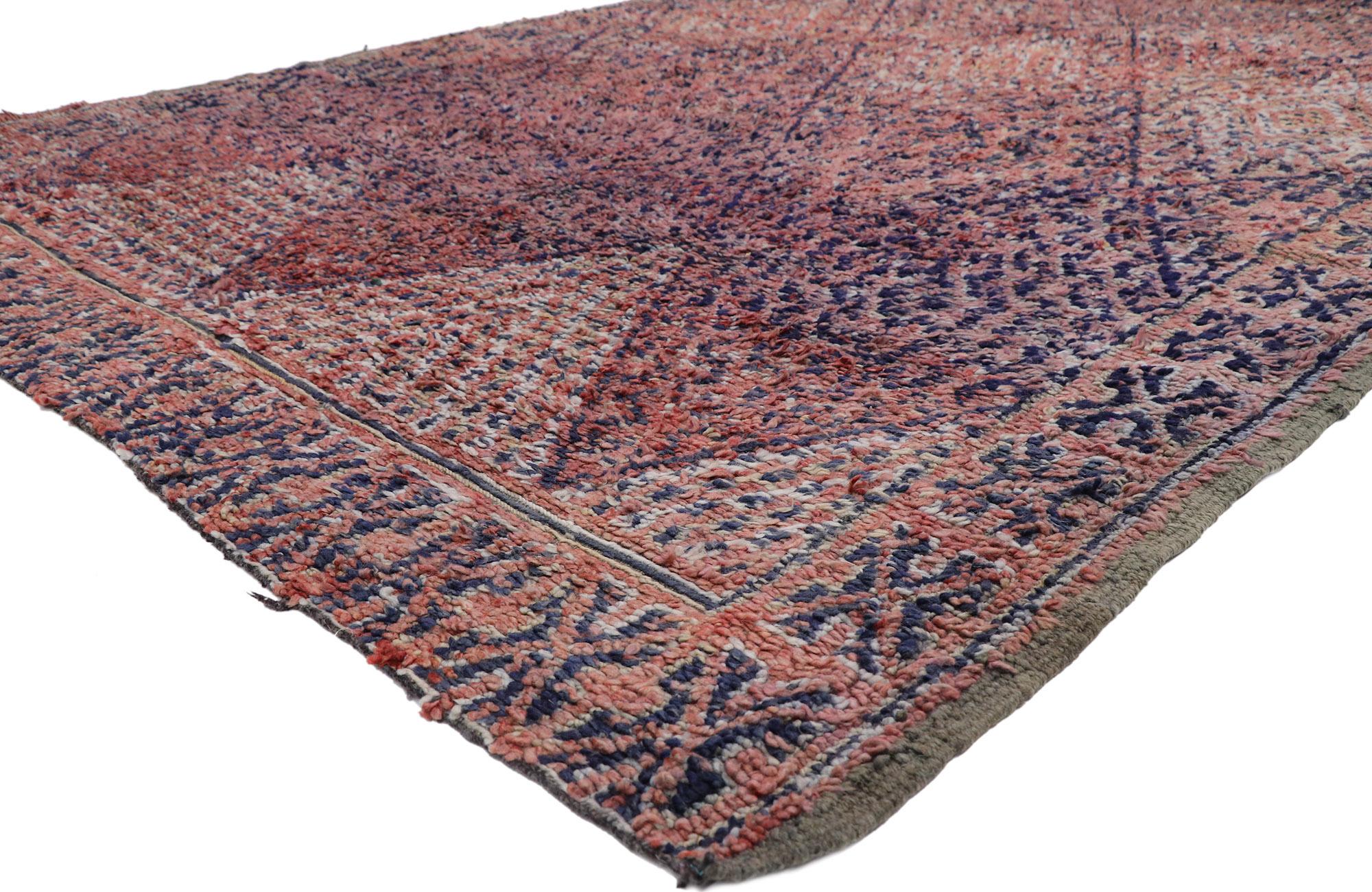 21447 Vintage Berber Beni M'Guild Zayane Moroccan rug with Bohemian Style 07'01 x 10'03. With its simplicity, plush pile and bohemian style, this hand knotted wool vintage Beni M'Guild Zayane Moroccan rug is a captivating vision of woven beauty. The
