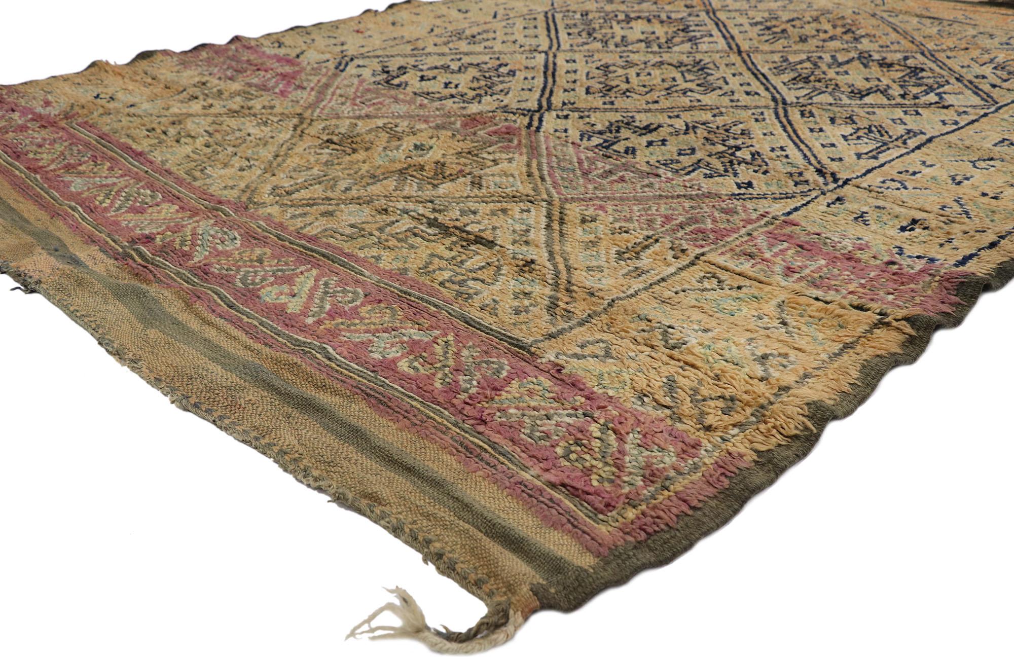 21289 vintage Berber Beni M'Guild Zayane Moroccan rug with Bohemian style 06'00 x 08'00. Showcasing an expressive design in soft colors, incredible detail and texture, this hand knotted wool vintage Berber Beni M'Guild Zayane Moroccan rug is a