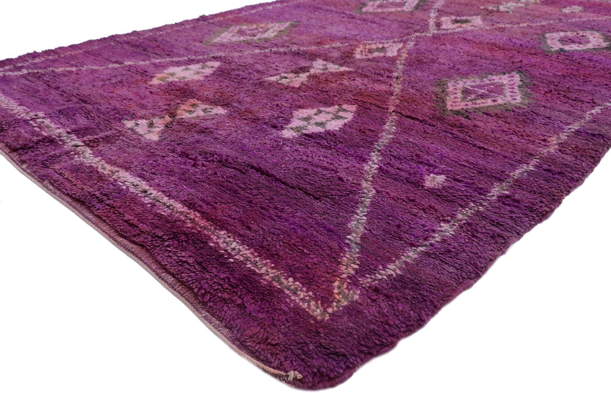 21223 Vintage Beni Mrirt Purple Moroccan Rug, 06'00 x 09'09. Beni Mrirt rugs are a type of handwoven rug traditionally made by the Beni Mrirt tribe, which is a subgroup of the larger Berber tribe in Morocco. These rugs are known for their thick