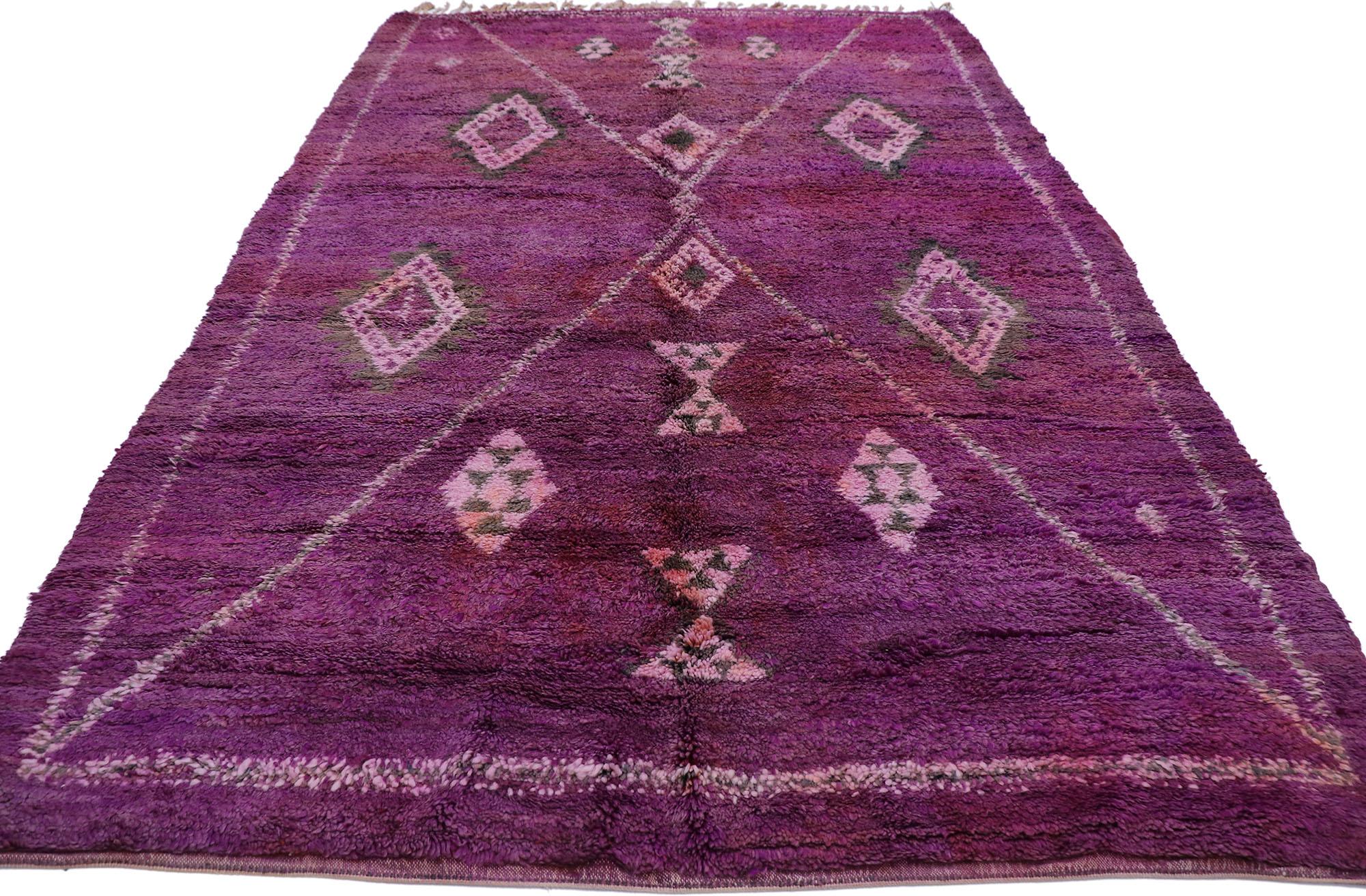 Hand-Knotted Vintage Purple Beni Mrirt Moroccan Rug, Bohemian Meets Tribal Enchantment For Sale