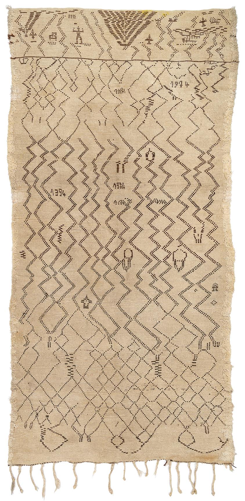 Beautiful creamy white antique Moroccan rug with classical brown cross designs forming diamonds. Beautiful minimalist, modern style, yet holds a deep meaning and history. It has beautiful sheen from the natural wool's lanolin, which creates a silky