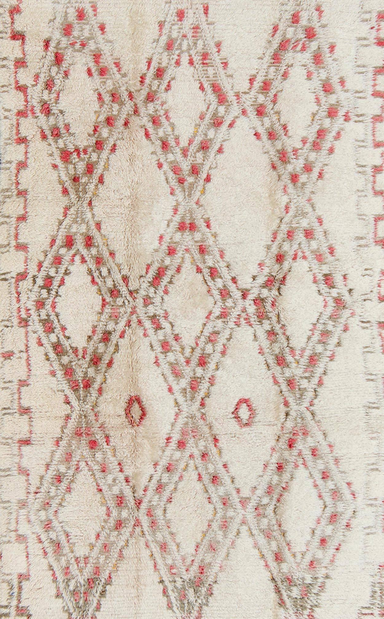 Tribal Vintage Beni Ouarain Moroccan Rug in White, Ivory, Taupe, Green and Rose Colors For Sale