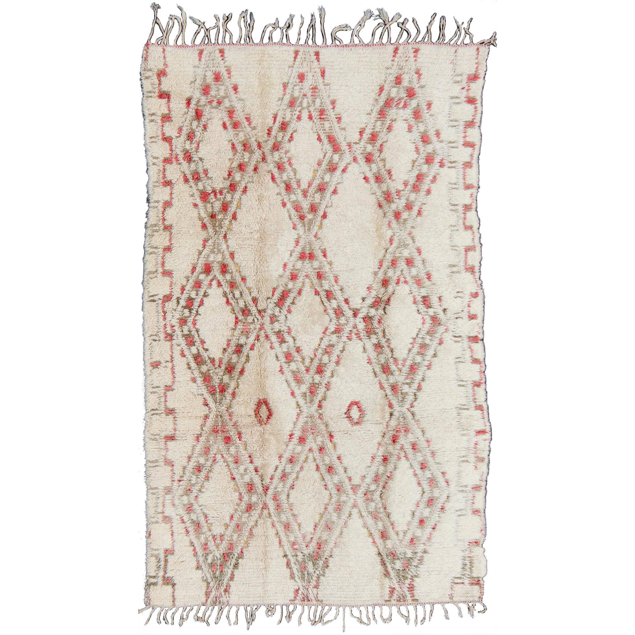 Vintage Beni Ouarain Moroccan Rug in White, Ivory, Taupe, Green and Rose Colors