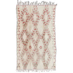 Retro Beni Ouarain Moroccan Rug in White, Ivory, Taupe, Green and Rose Colors