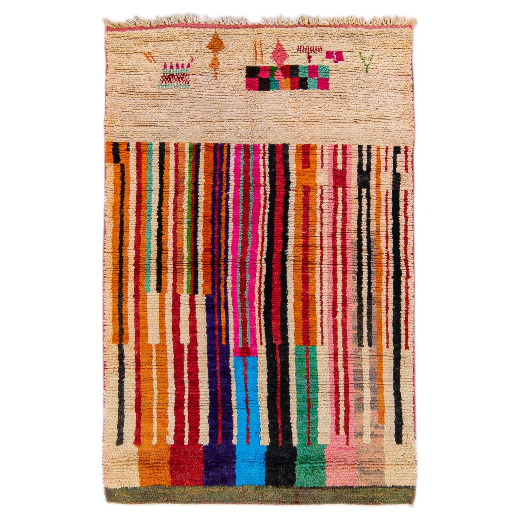 Tappeto vintage Beni Ourain marocchino fatto a mano multicolore disegnato in lana beige