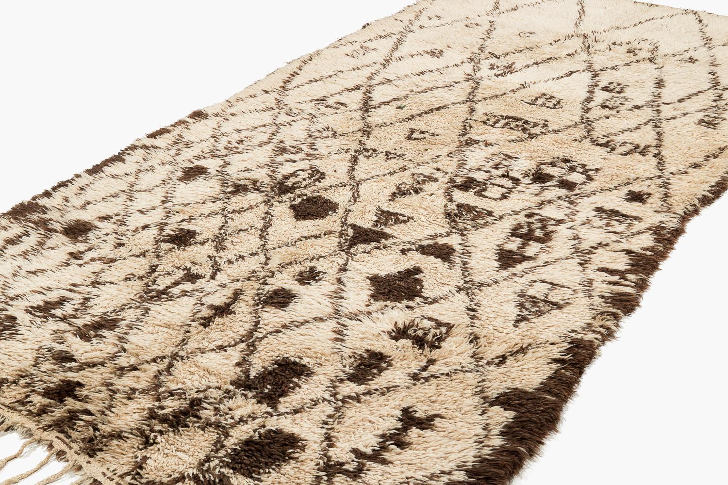 Tribal Authentic Rare Vintage Beni Ourain Moroccan Rug White and Brown Crosshatch For Sale