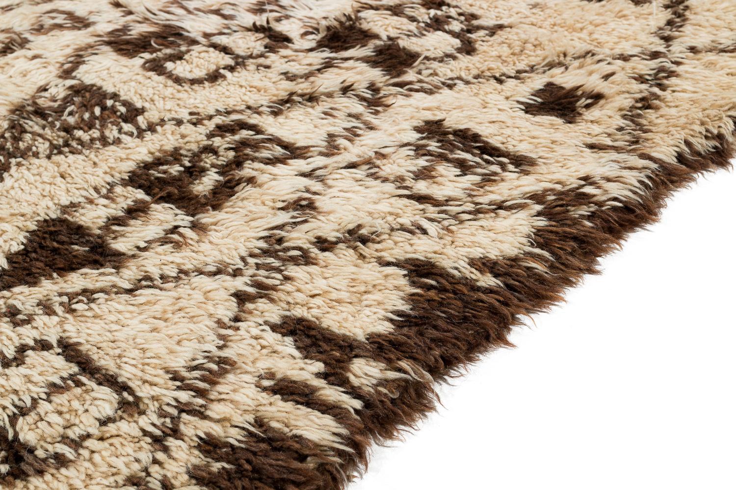 Wool Authentic Rare Vintage Beni Ourain Moroccan Rug White and Brown Crosshatch For Sale