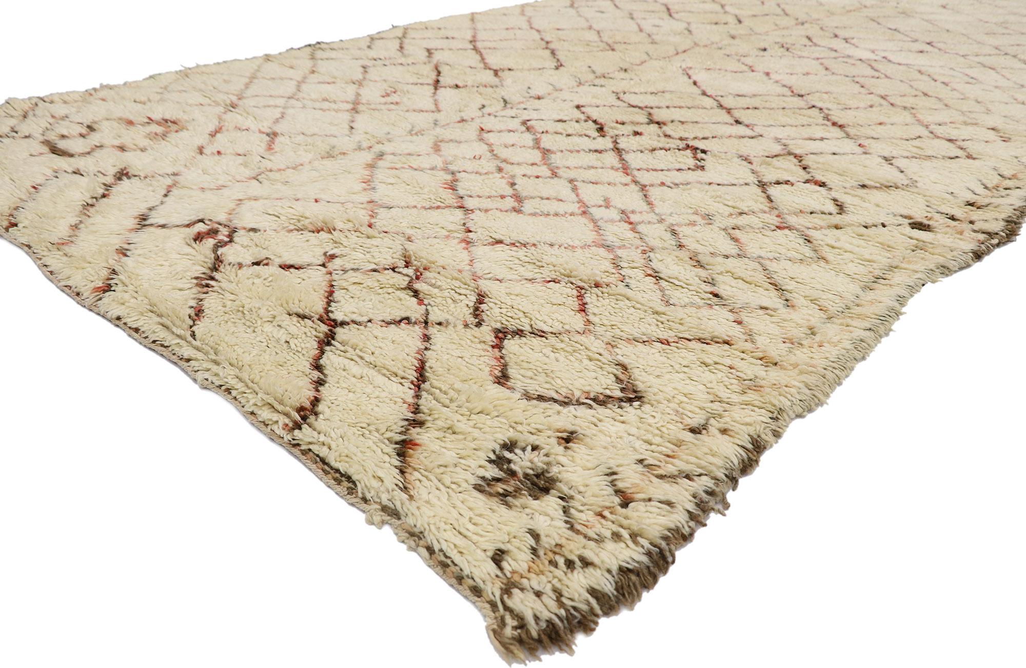 21413 Vintage Berber Moroccan Beni Ourain rug 05'08 x 10'07. With its simplicity, plush pile and Mid-Century Modern style, this hand knotted wool vintage Berber Beni Ourain Moroccan rug is a captivating vision of woven beauty. It features a lozenge