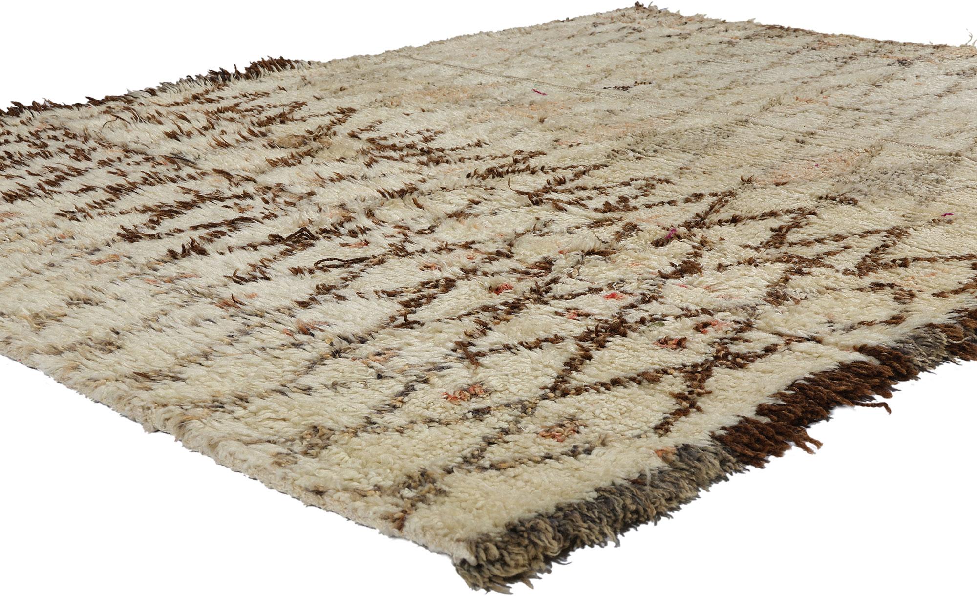 21719 Vintage Moroccan Beni Ourain Rug, 05'03 x 06'09. Originating from the esteemed Beni Ourain tribe in Morocco, these intricately crafted rugs pay homage to tradition through meticulous craftsmanship. Fashioned from untreated sheep's wool, they