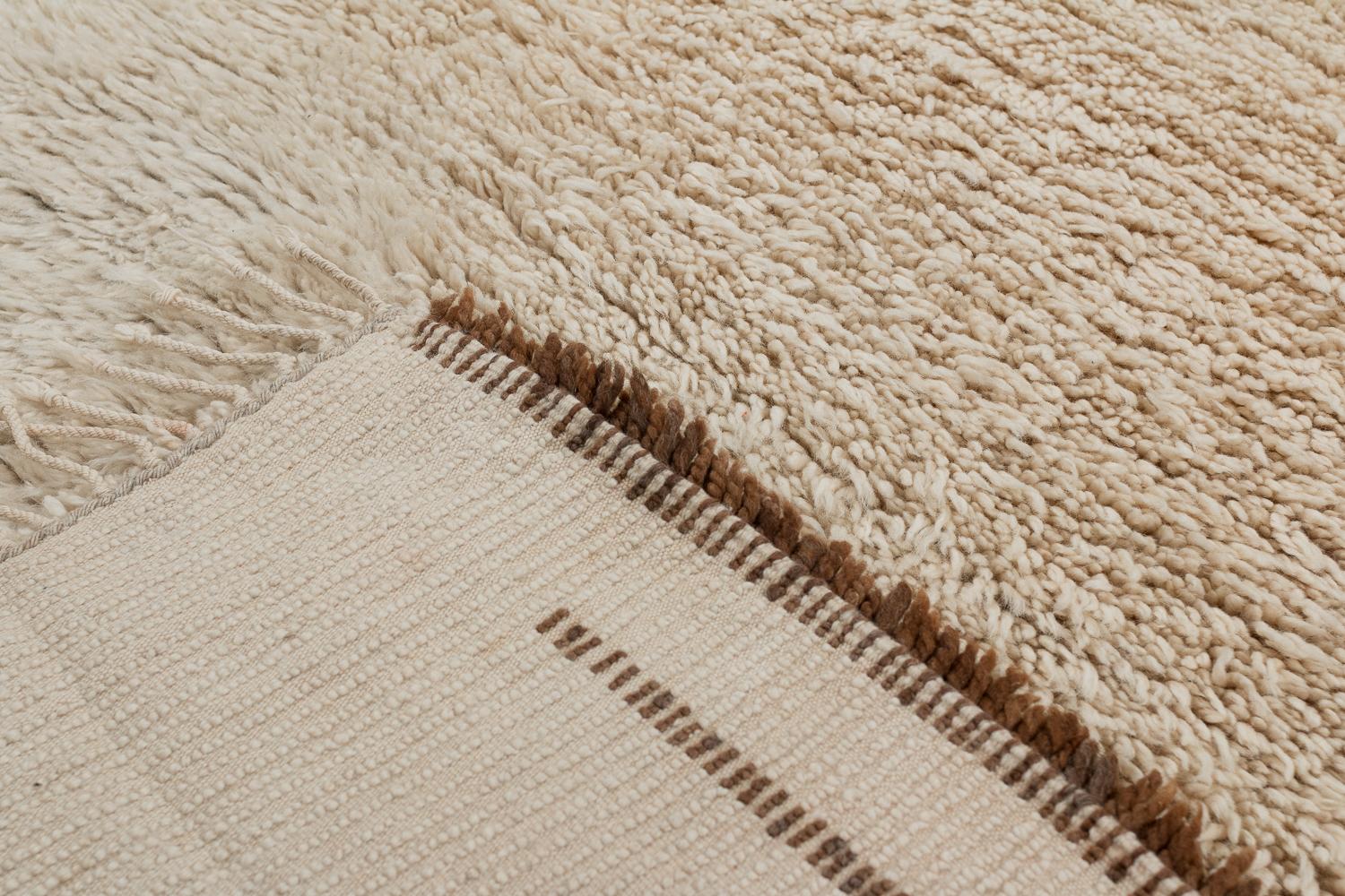 Hand-Woven White and Brown Vintage Beni Ourain Wool Moroccan Rug