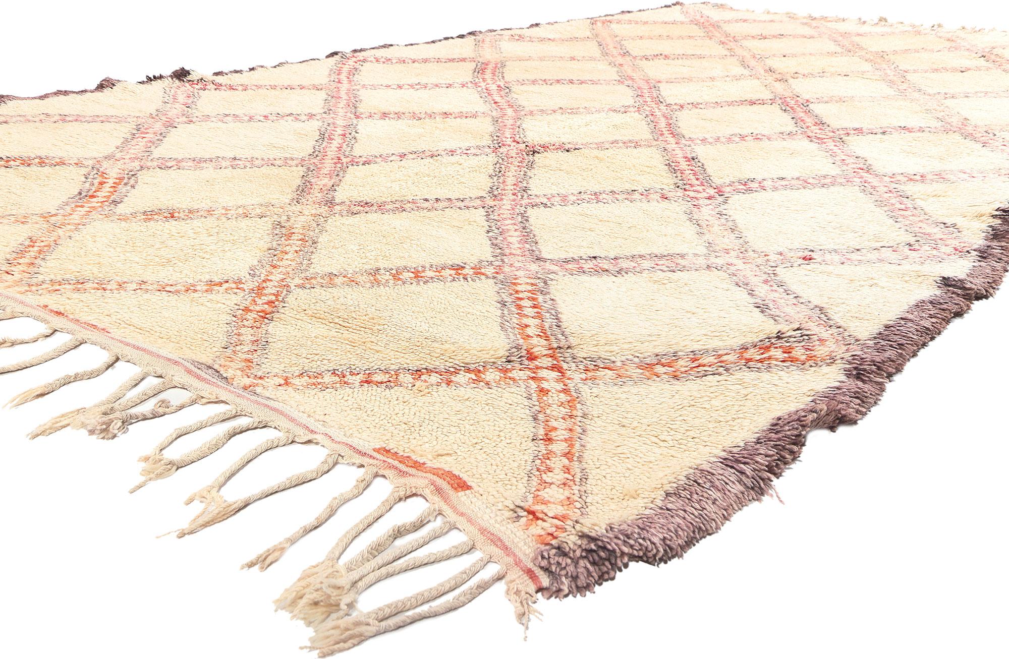 74537 Vintage Beni Ourain Moroccan Rug, 06'08 x 12'07. 
In the heart of the North-Eastern Middle Atlas Mountains of Morocco, skilled hands meticulously weave the captivating tales of Beni Ourain rugs. Crafted by the adept women of the Beni Ourain