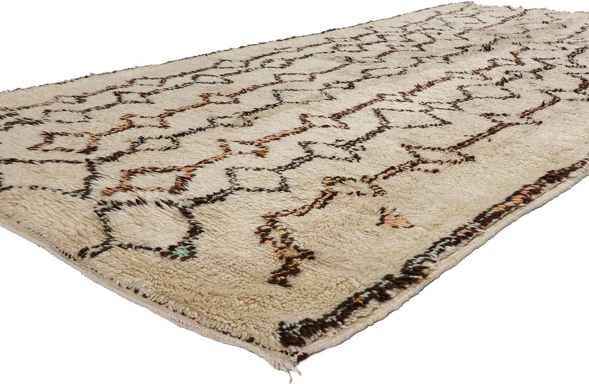 21789 Vintage Moroccan Beni Ourain Rug, 05'05 x 10'04. Hailing from the Beni Ourain tribe, a significant branch of the expansive Berber community in Morocco, these Moroccan rugs are expertly fashioned with untreated sheep's wool, highlighting their