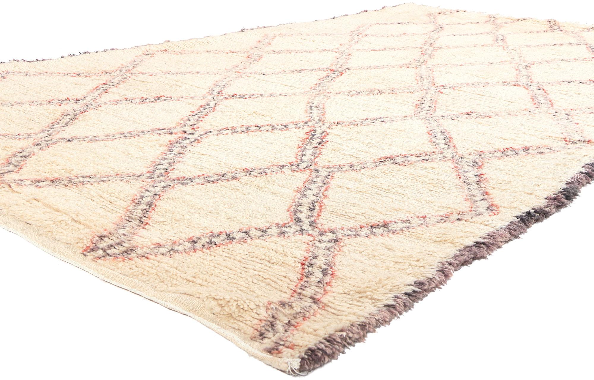 74512 Vintage Beni Ourain Moroccan Rug, 05'09 x 10'00. 
Crafted with precision and care, Beni Ourain rugs are meticulously hand-woven by the skilled women of the Beni Ourain and various Berber tribes nestled in the North-Eastern Middle Atlas