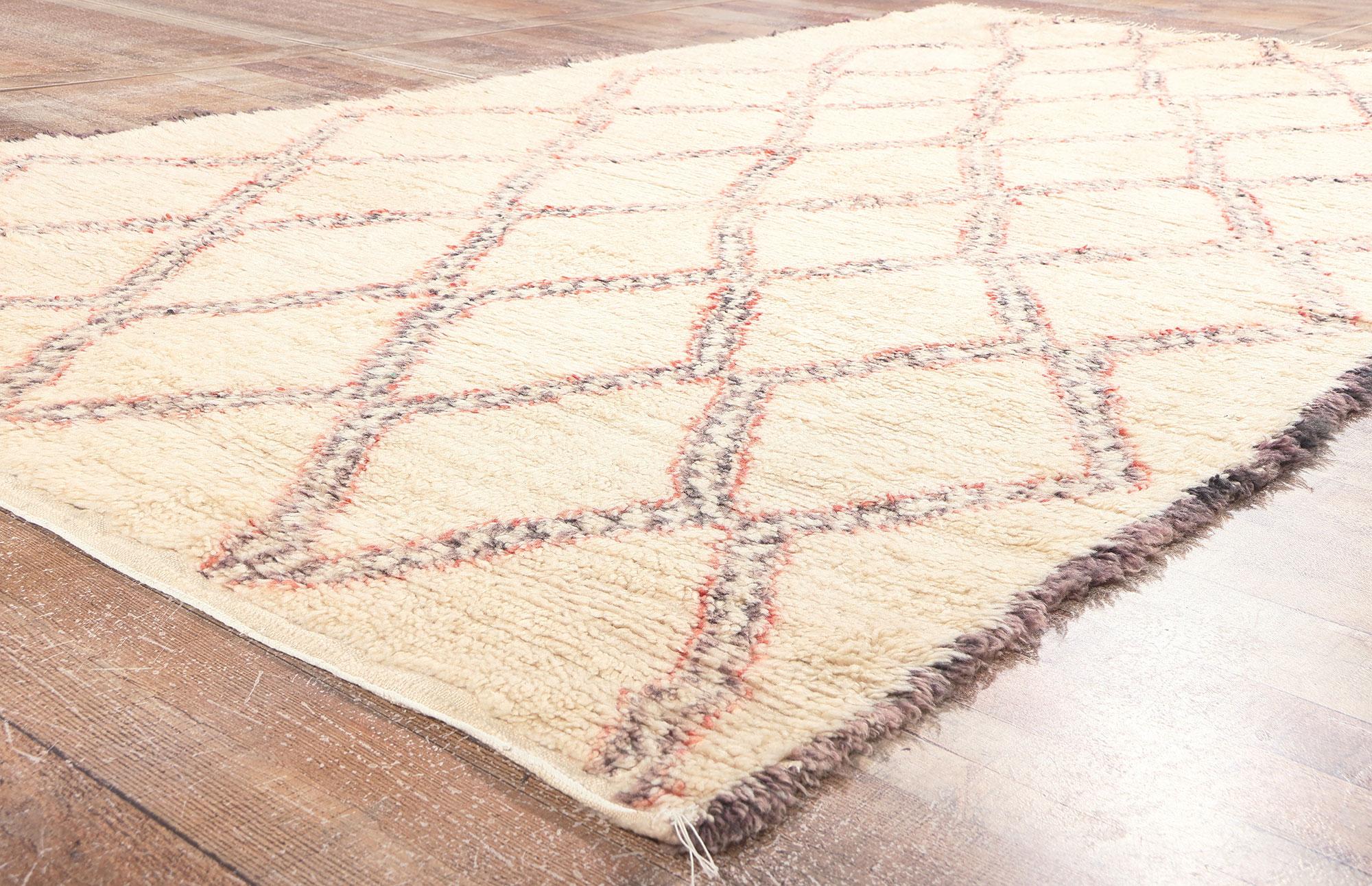 Wool Vintage Beni Ourain Moroccan Rug, Mid-Century Modern Style Meets Tribal Allure For Sale