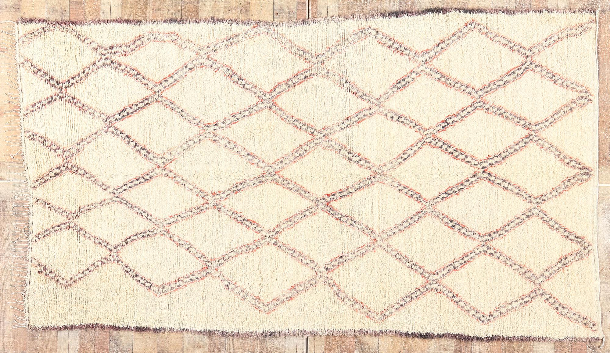 Vintage Beni Ourain Moroccan Rug, Mid-Century Modern Style Meets Tribal Allure For Sale 2