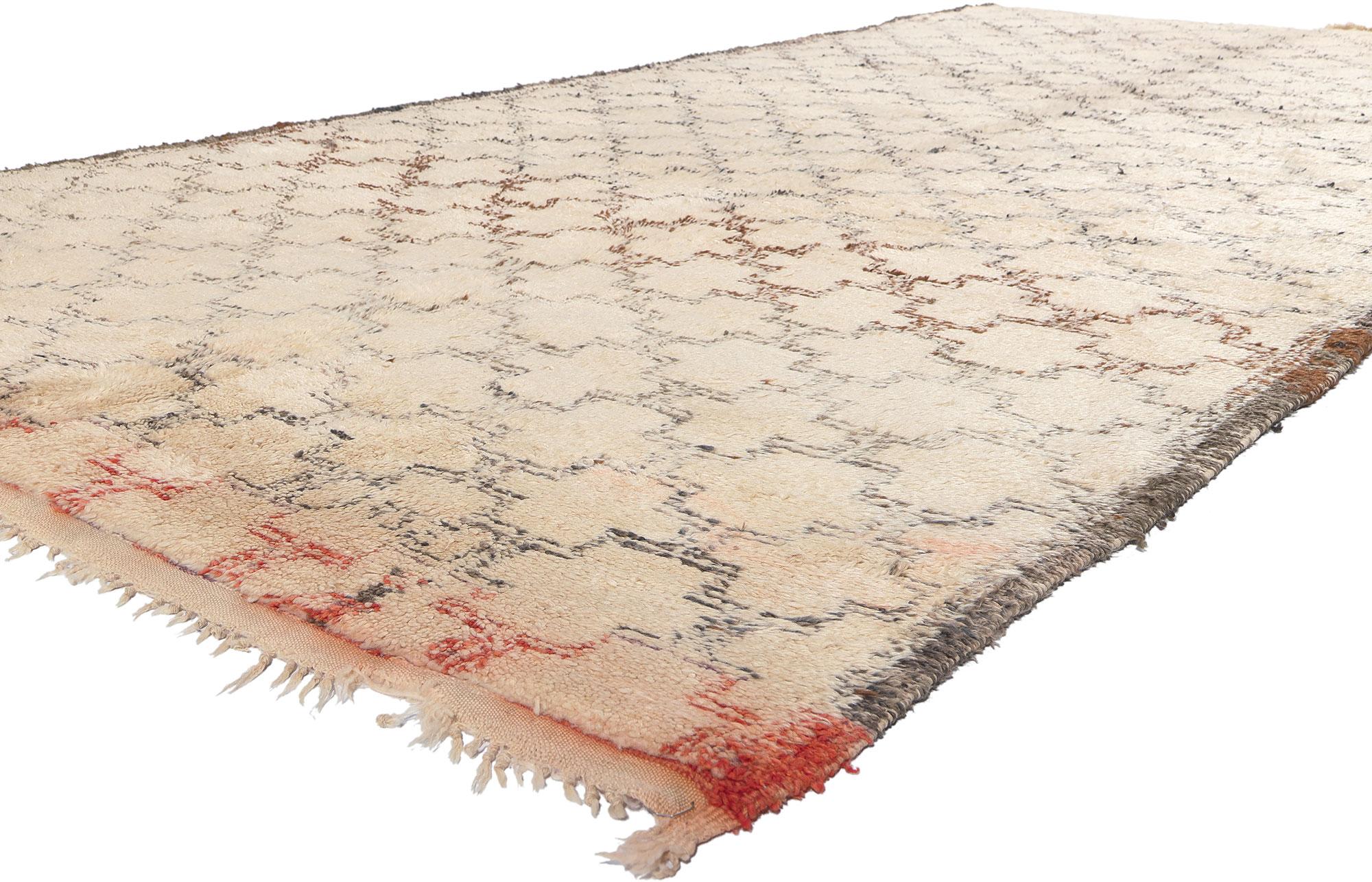 21004 Vintage Moroccan Beni Ourain Rug, 06'04 x 12'11. Originating from the Beni Ourain tribe, an integral part of the broader Berber ethnic group in Morocco, these Moroccan rugs are meticulously crafted using natural, undyed sheep's wool,