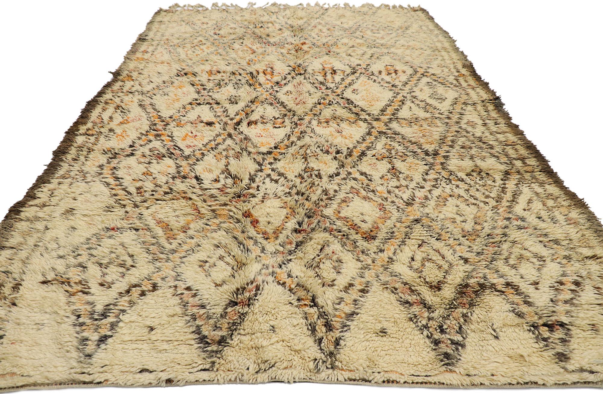 Bohemian Vintage Beni Ourain Moroccan Rug, Nomadic Charm Meets Midcentury Modern Style For Sale
