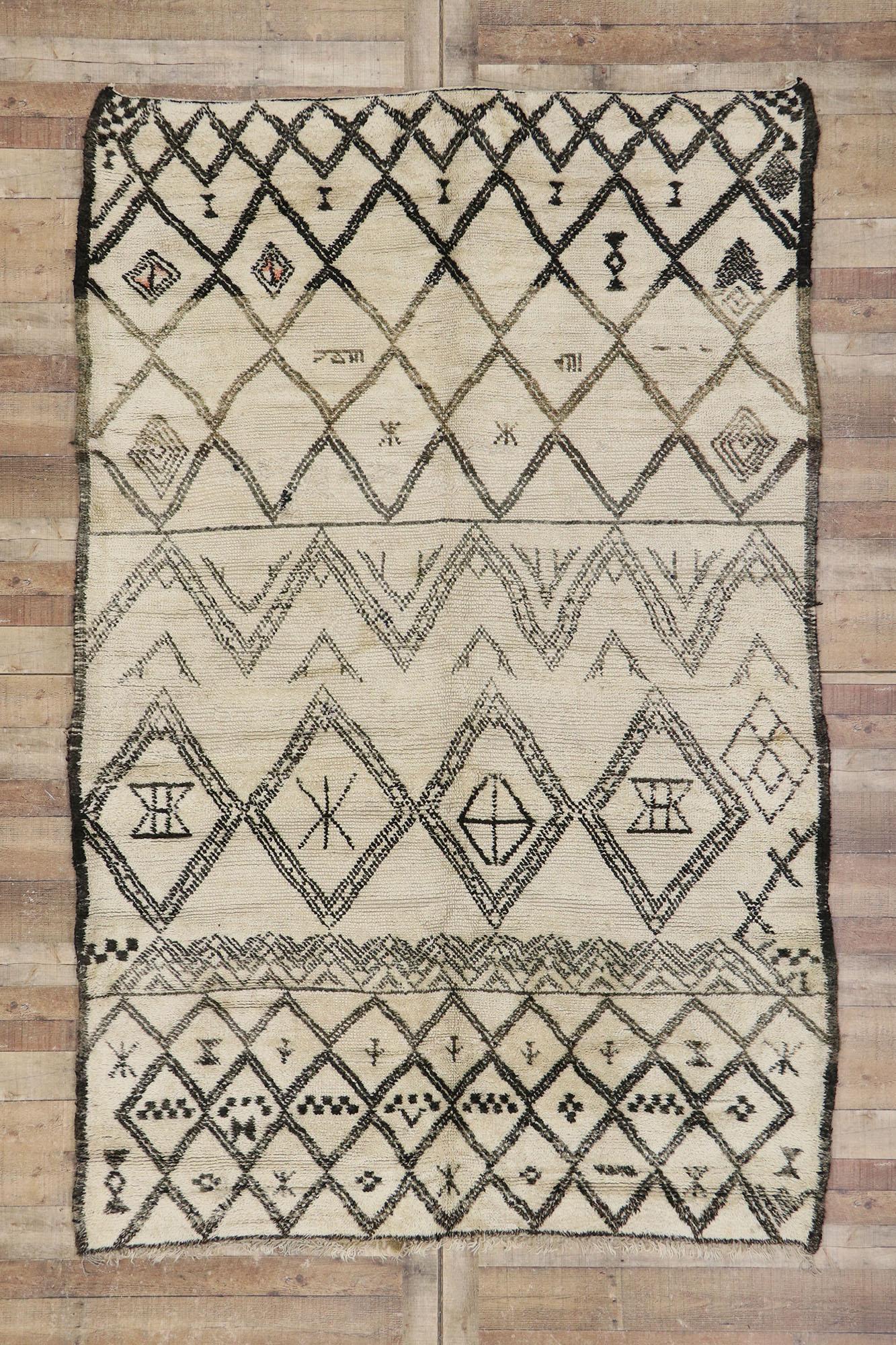 Wool Vintage Beni Ourain Moroccan Rug, Nomadic Charm Meets Midcentury Modern Style For Sale