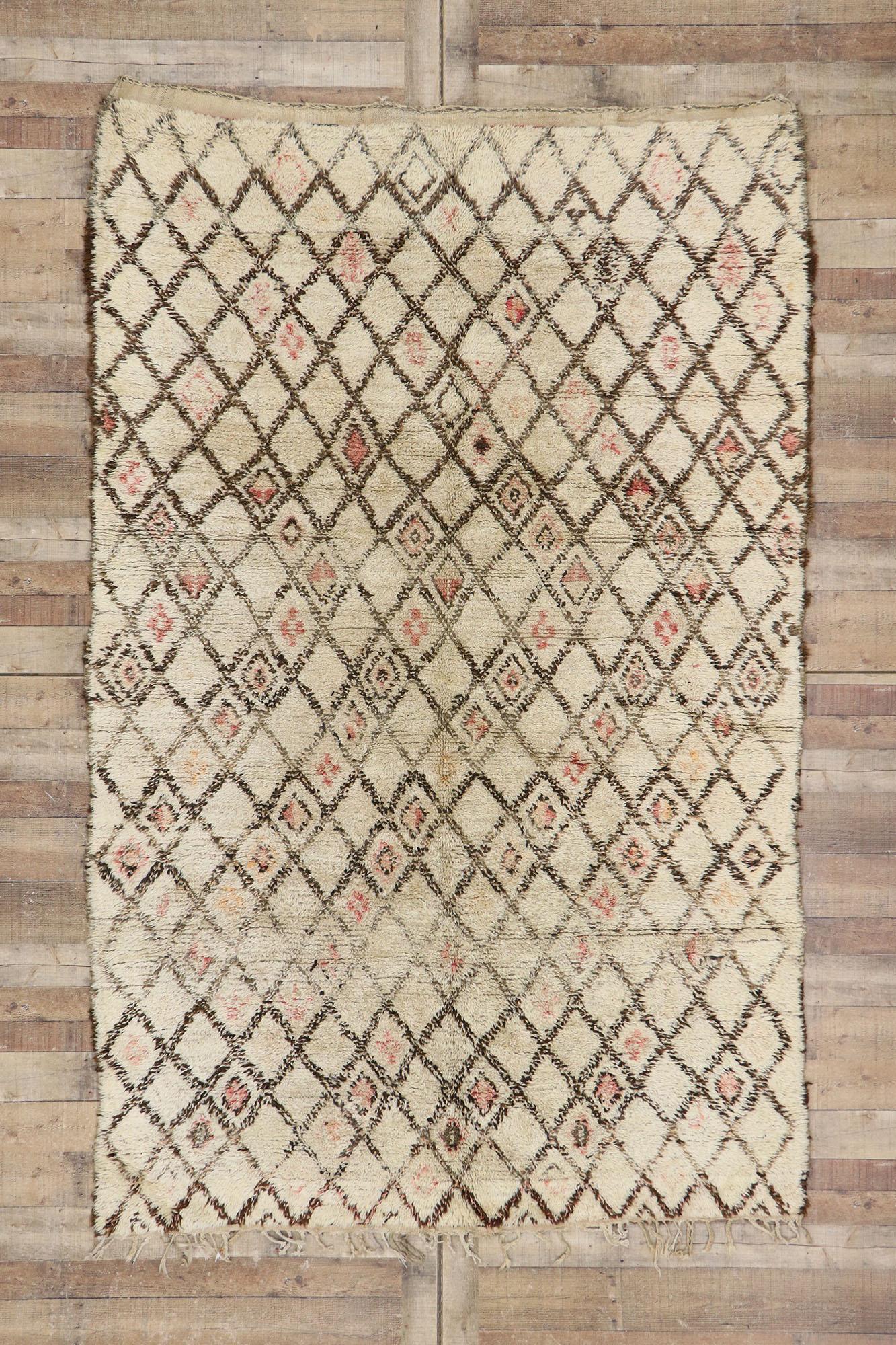 Vintage Beni Ourain Moroccan Rug, Nomadic Charm Meets Midcentury Modern Style For Sale 1