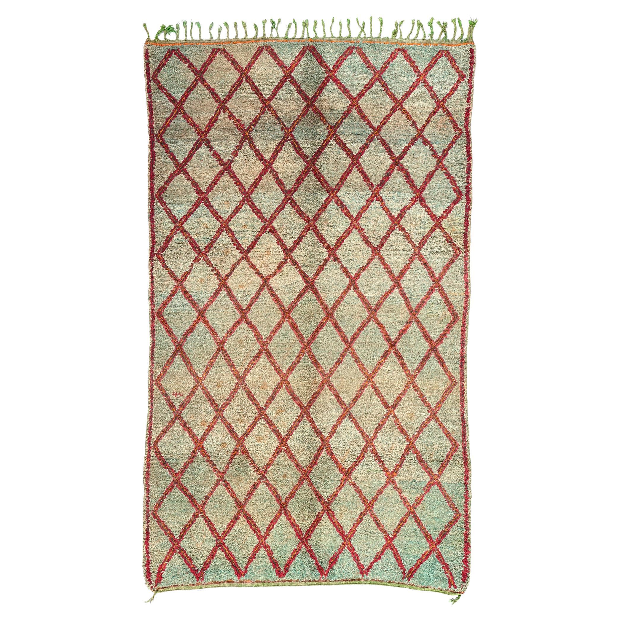 Vintage Green Moroccan Beni Ourain Rug, Biophilic Design Meets Nomadic Charm For Sale