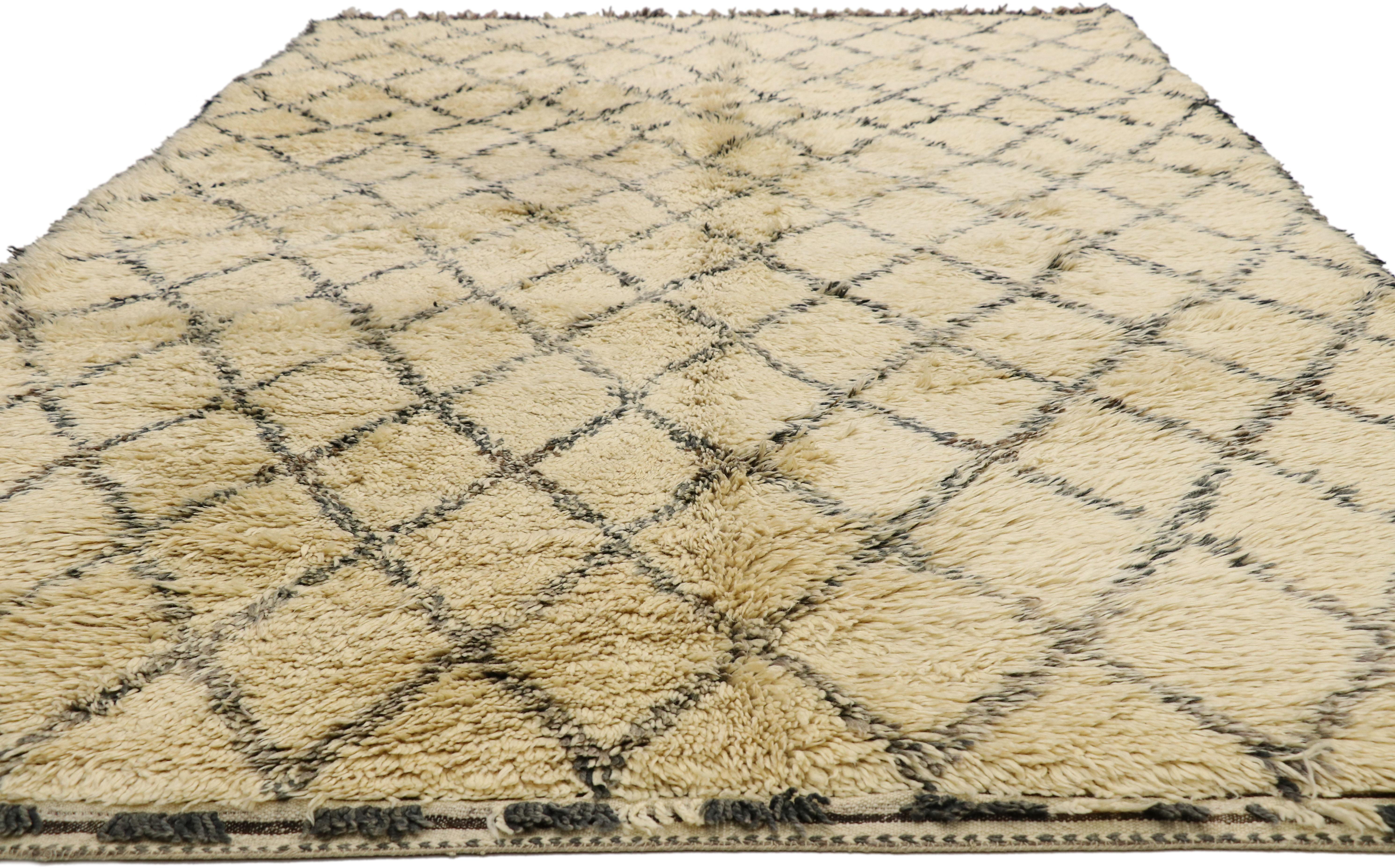 Hand-Knotted Vintage Beni Ourain Moroccan Rug with Mid-Century Modern Style For Sale