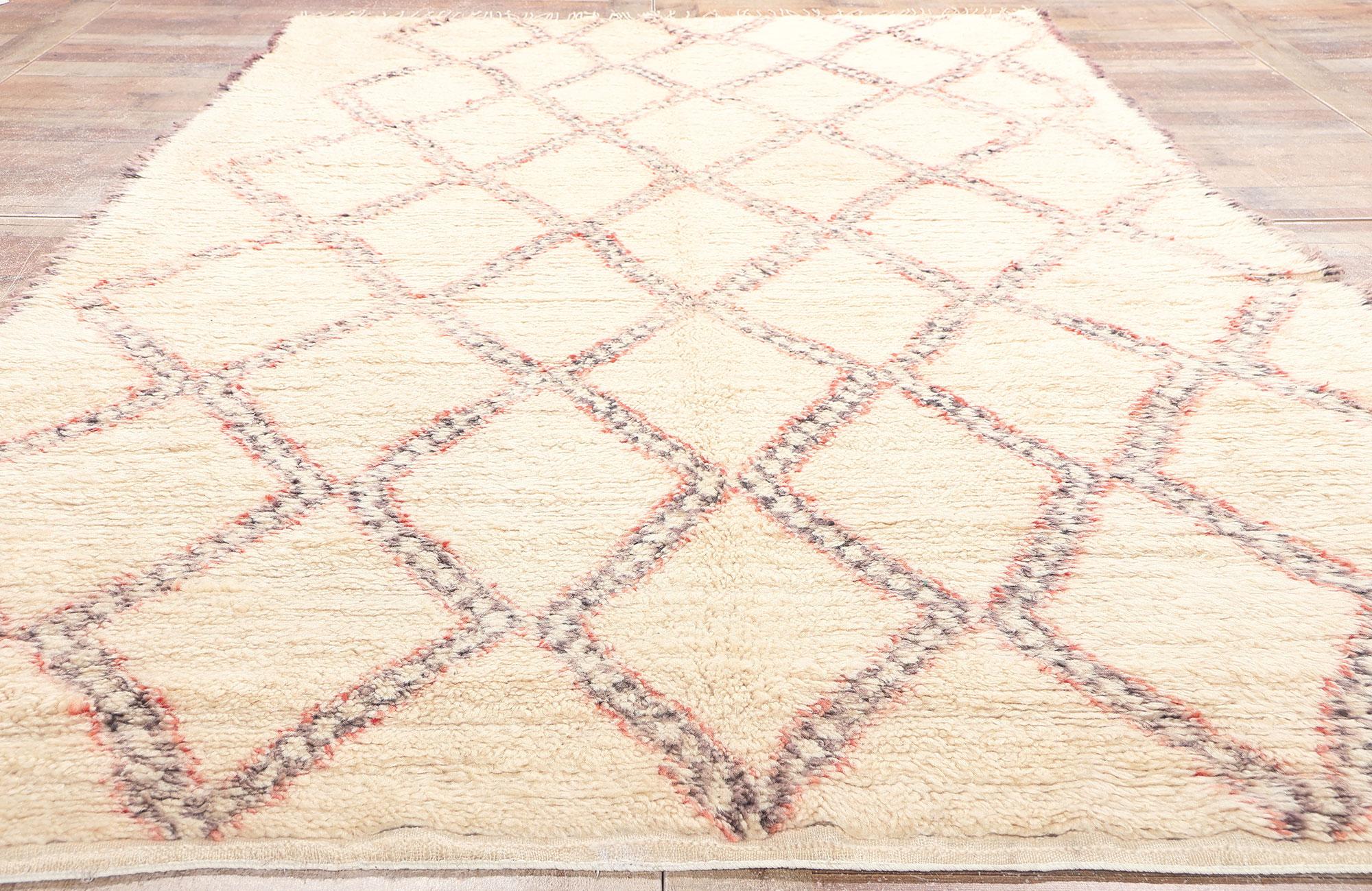 Vintage Beni Ourain Moroccan Rug, Mid-Century Modern Style Meets Tribal Allure For Sale 1