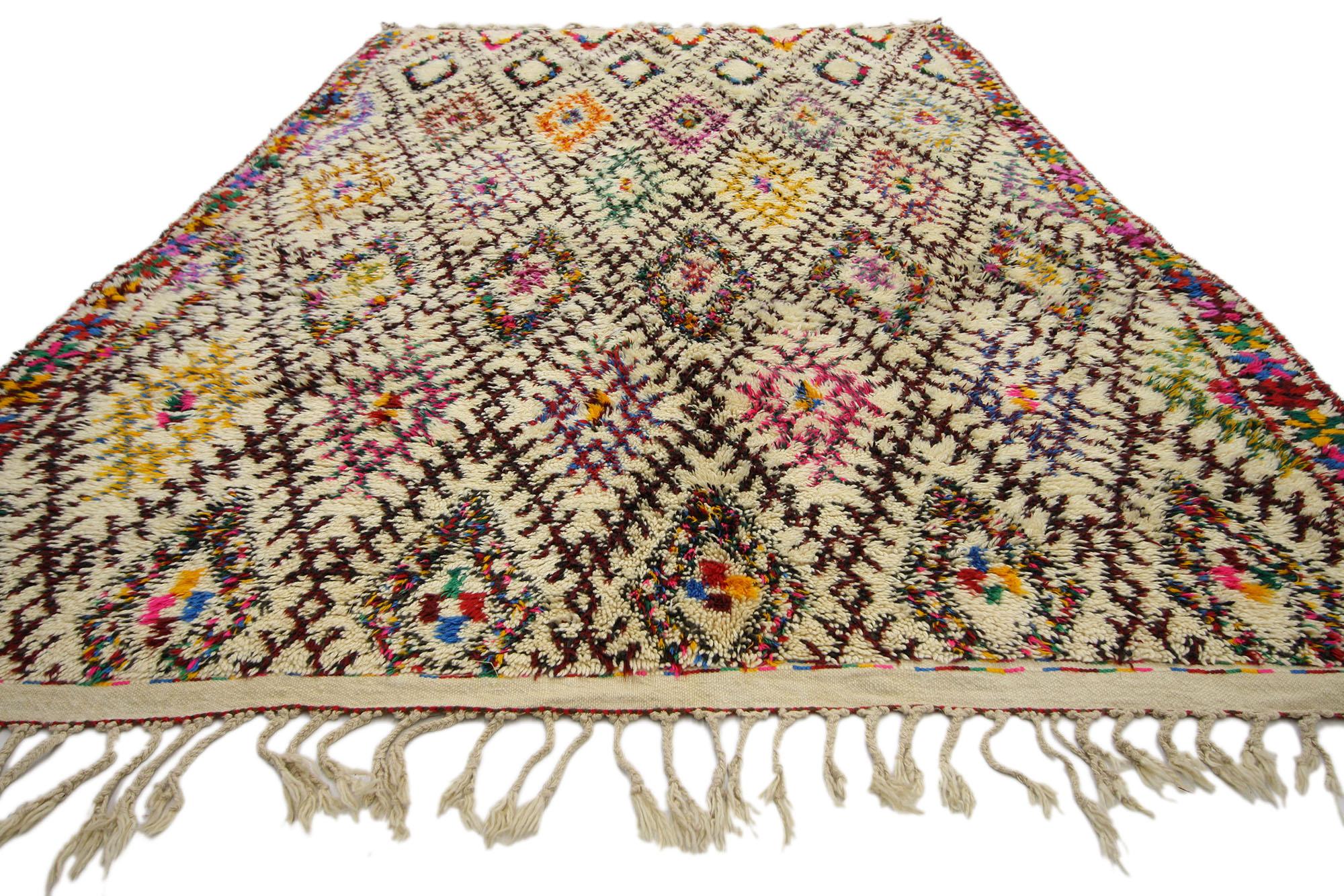 Tribal Vintage Moroccan Beni Ourain Rug, Colorfully Curated Meets Boho Chic For Sale
