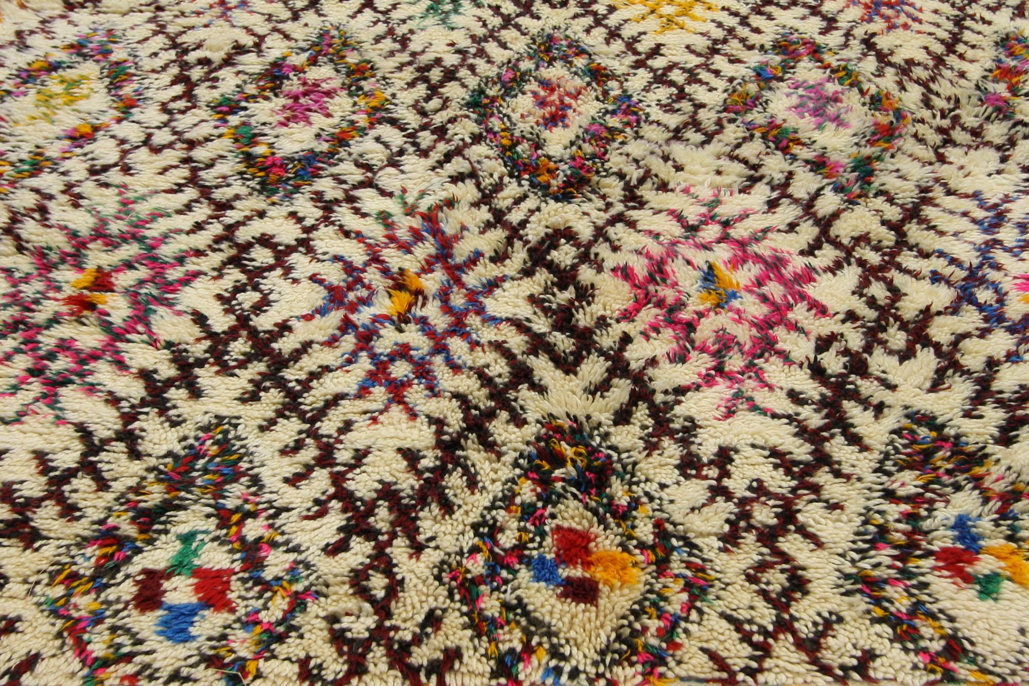 Hand-Knotted Vintage Moroccan Beni Ourain Rug, Colorfully Curated Meets Boho Chic For Sale