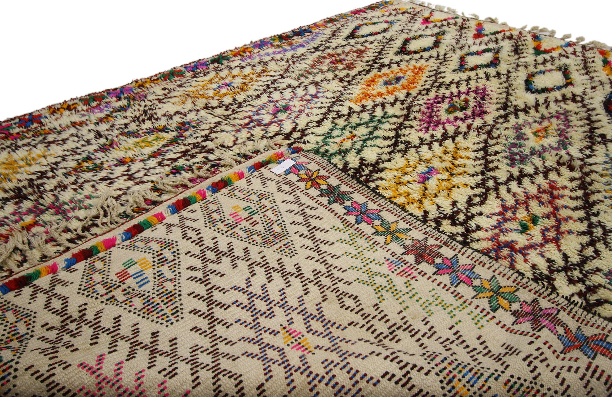 Wool Vintage Moroccan Beni Ourain Rug, Colorfully Curated Meets Boho Chic For Sale