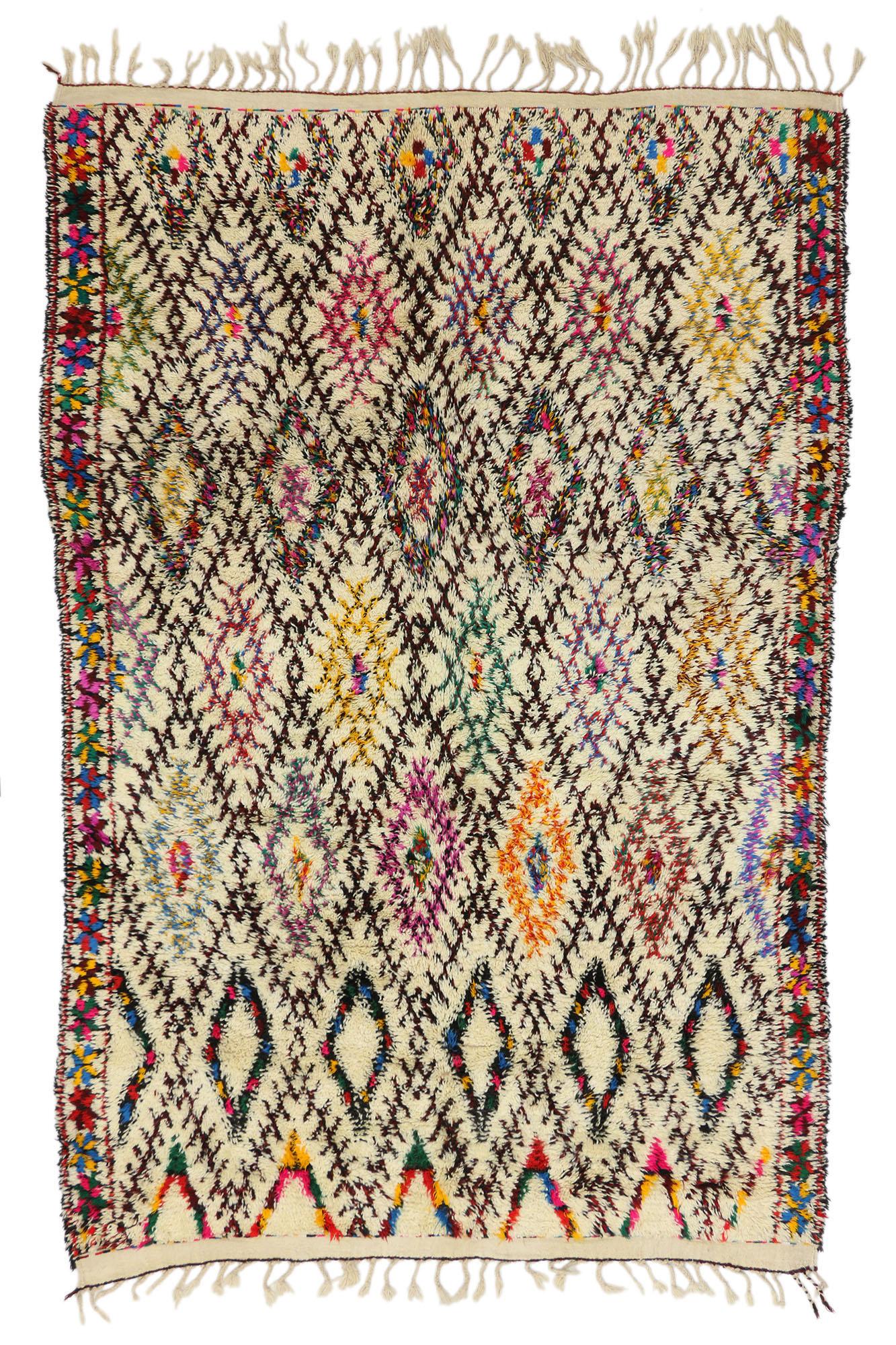 Vintage Moroccan Beni Ourain Rug, Colorfully Curated Meets Boho Chic For Sale 1
