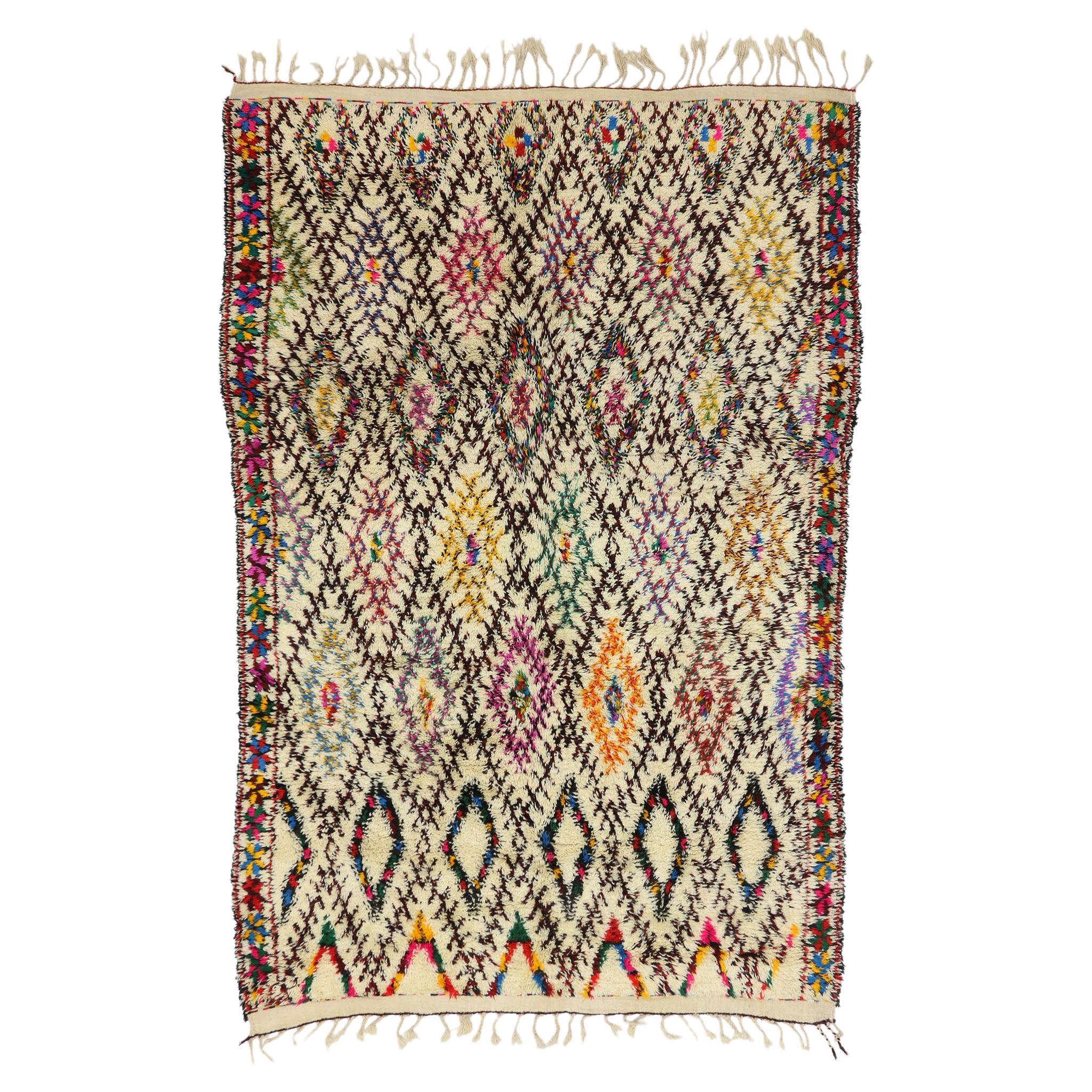 Vintage Moroccan Beni Ourain Rug, Colorfully Curated Meets Boho Chic For Sale