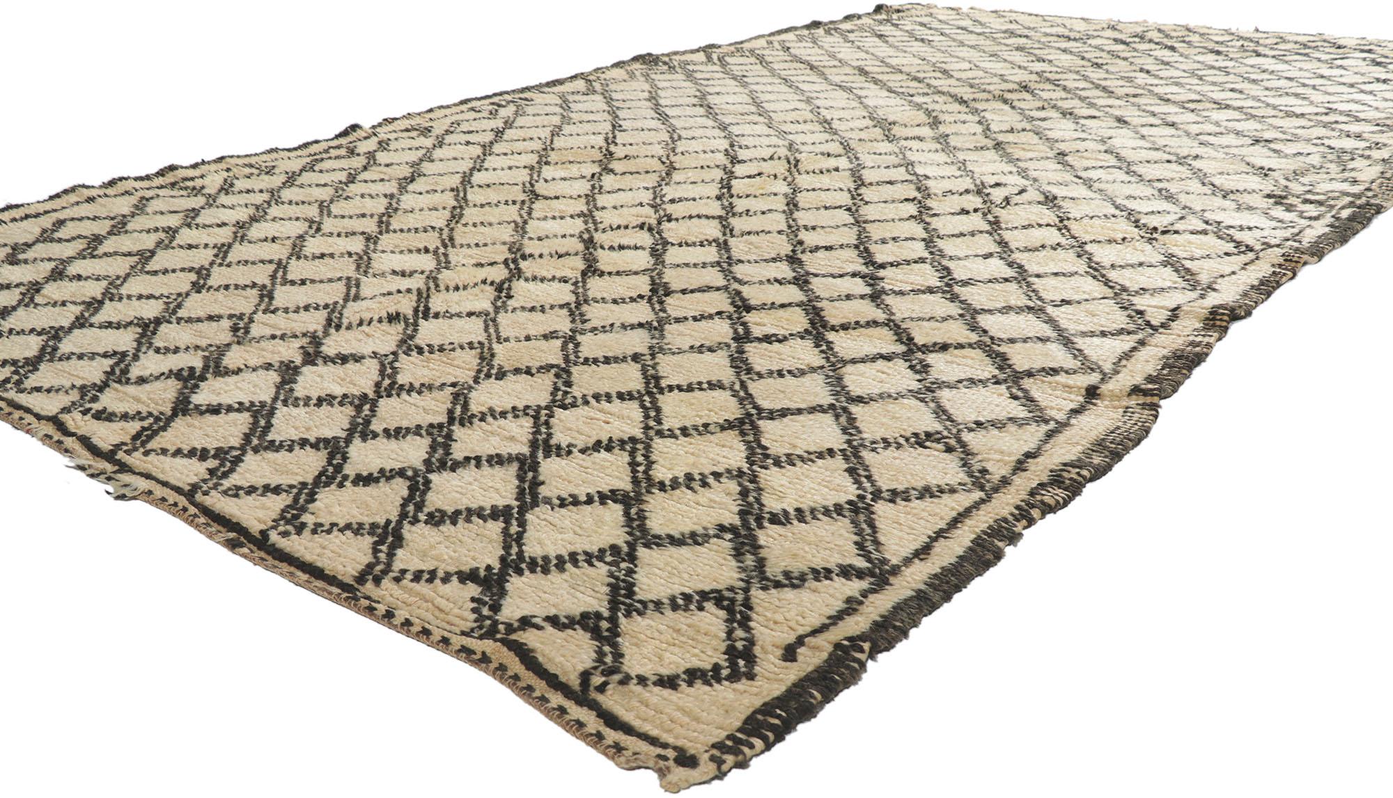 21350 Vintage Berber Moroccan Beni Ourain Rug with Tribal Style 05'10 x 11'04. Emerging from the esteemed Beni Ourain tribe in Morocco, these intricately crafted rugs pay homage to tradition with meticulous attention to detail, employing untreated