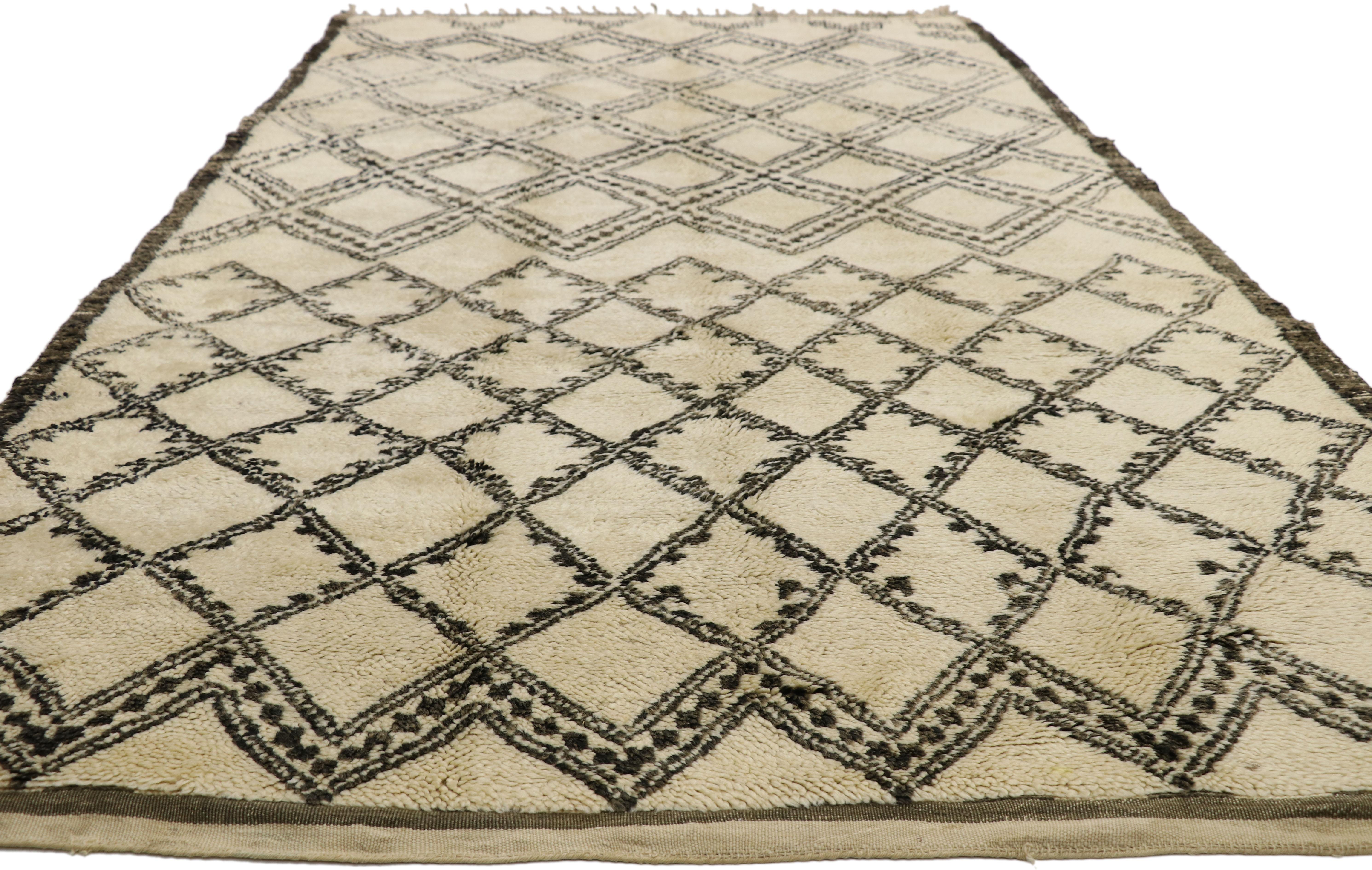 Hand-Knotted Vintage Beni Ourain Rug, Berber Moroccan Rug with Mid-Century Modern Style