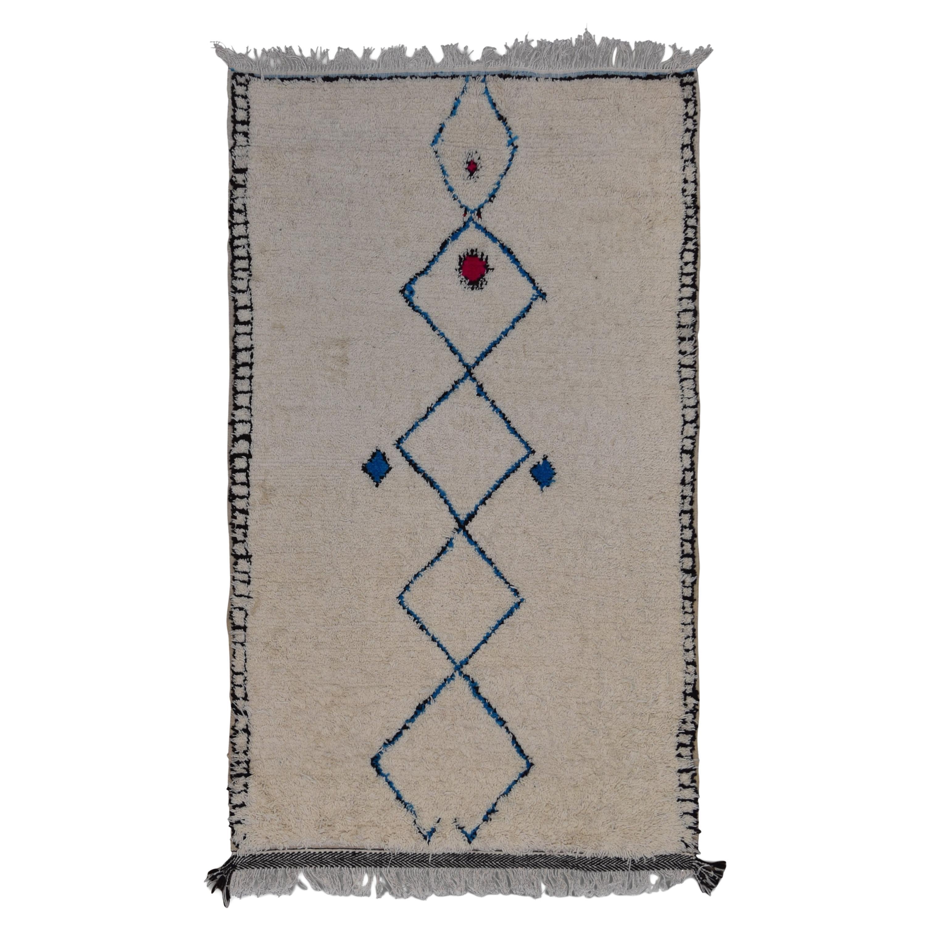 Vintage Beni Ourain Rug Blue Motif Wool Rug 5'7''x9'3''