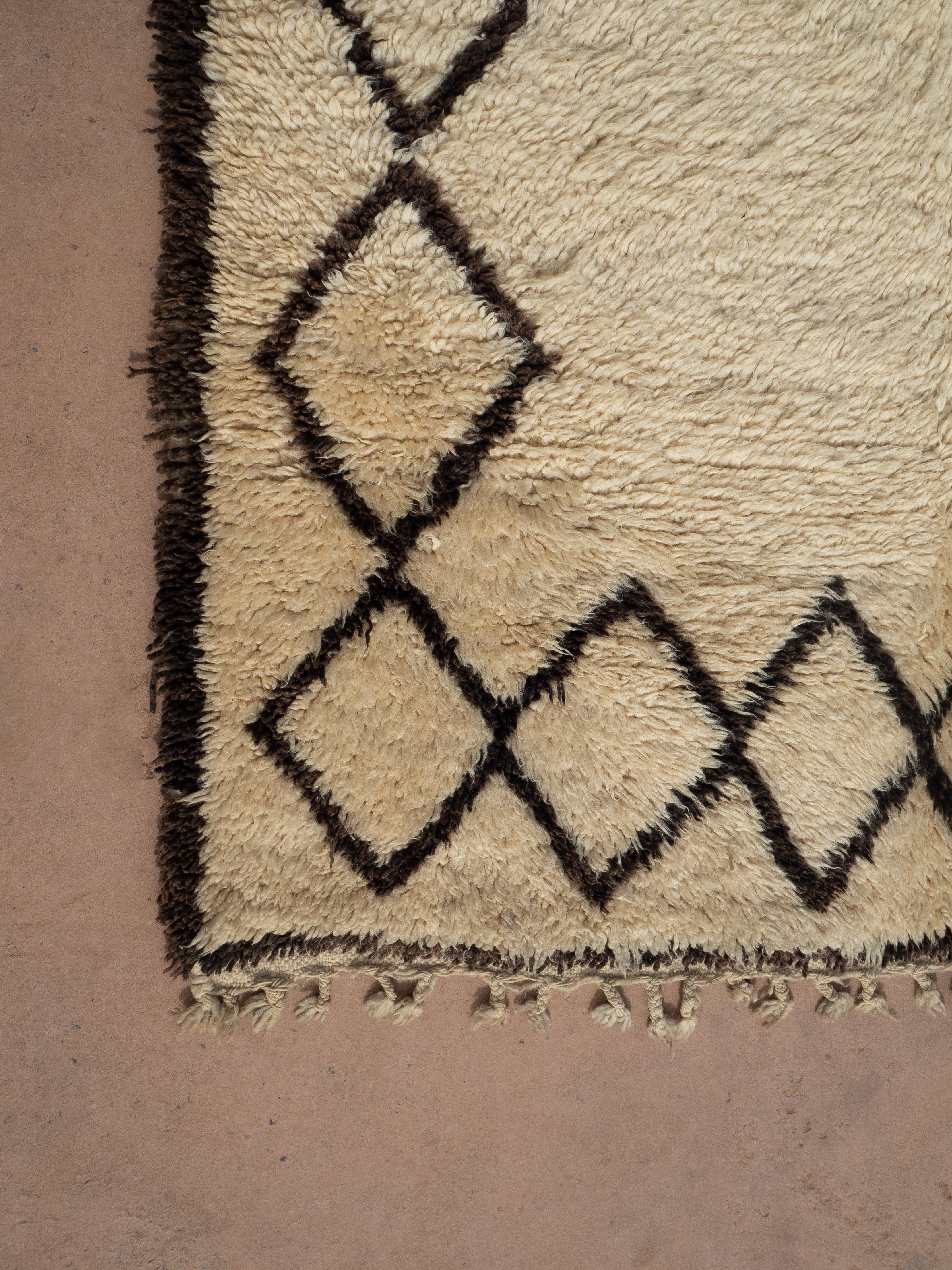 Tribal Vintage Moroccan Beni Ourain rug 1980's, Diamond Pattern Shag Rug, In Stock For Sale
