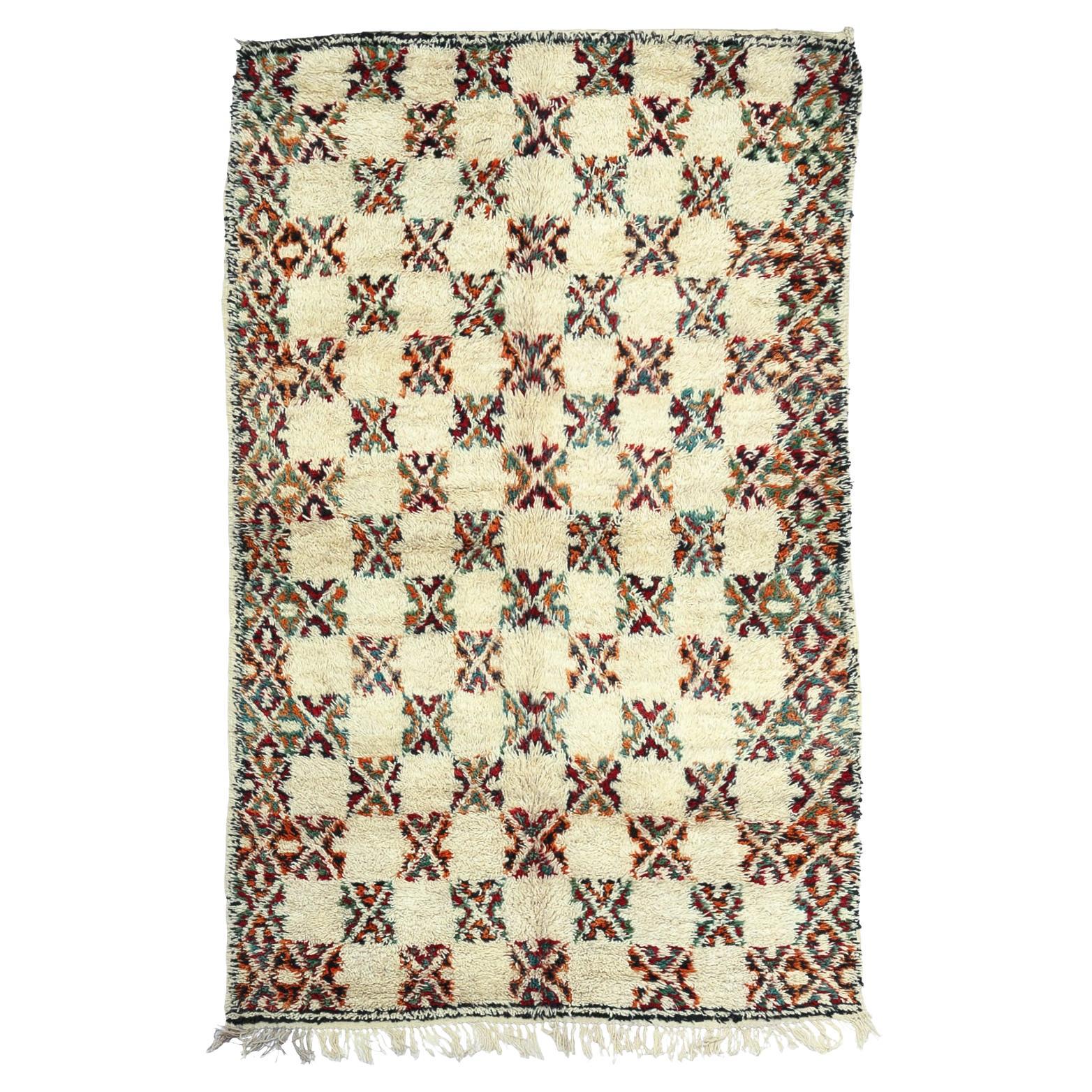 Vintage Moroccan Beni Ourain rug 1980's, Berber Chess Pattern Rug, In Stock For Sale