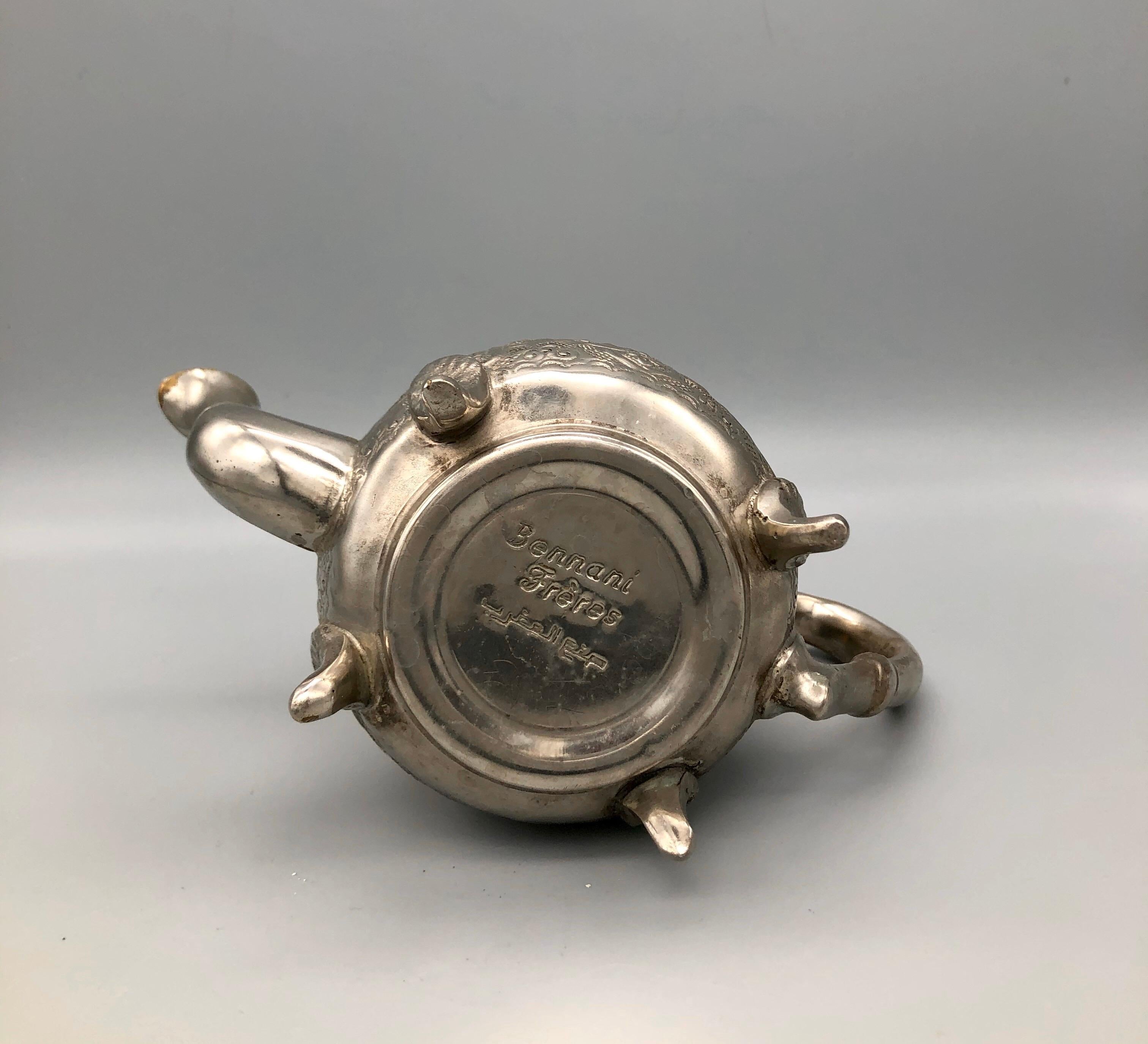 Romantic Vintage Bennani Frères Moroccan Silver Teapot, Hand Hammered with Repousse For Sale