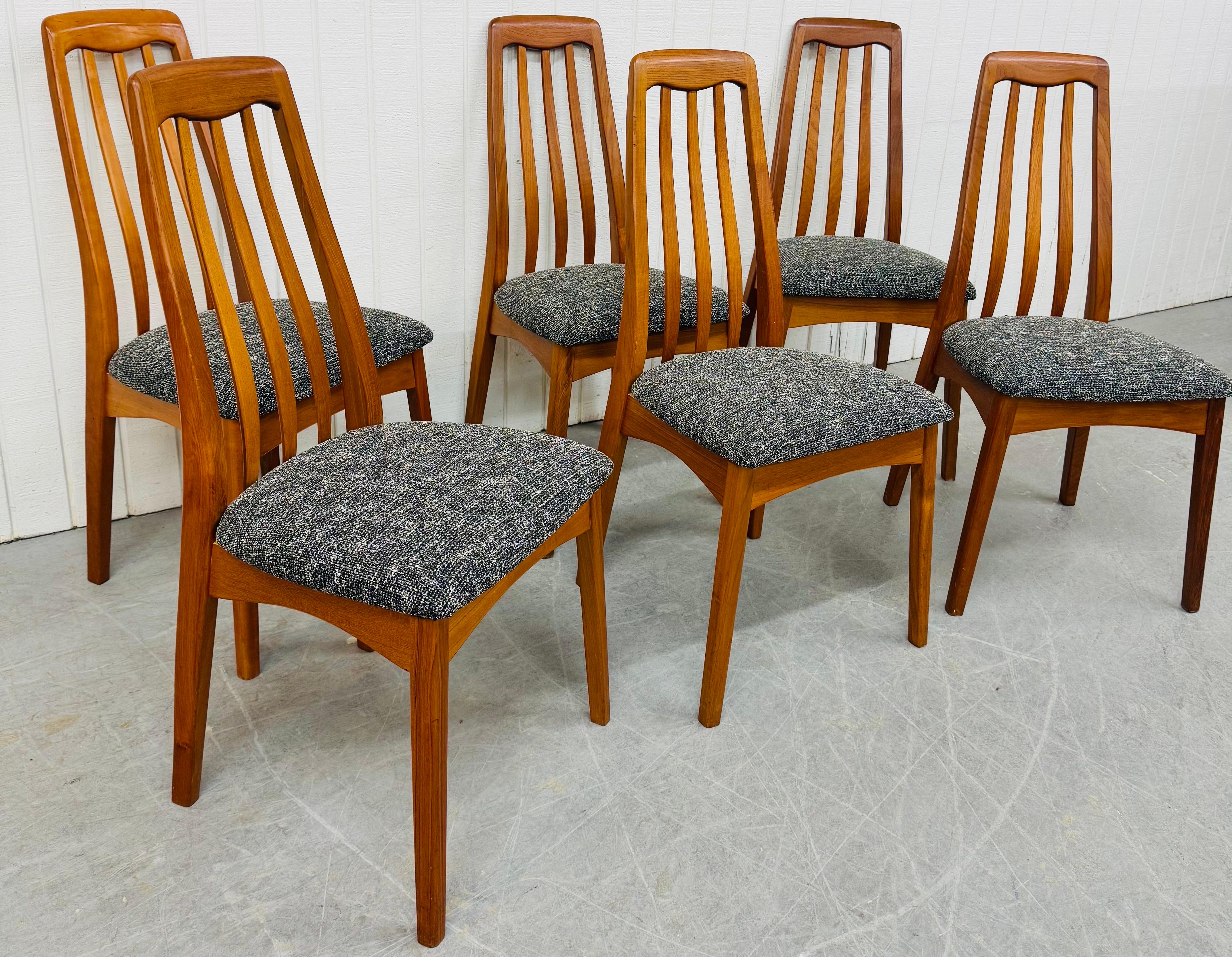 This listing is for a set of six Vintage Benny Linden Danish Modern Style Teak Dining Chairs. Featuring a high back Koefoed style design, six side chairs, newly upholstered seats, and a beautiful teak finish. This is an exceptional combination of