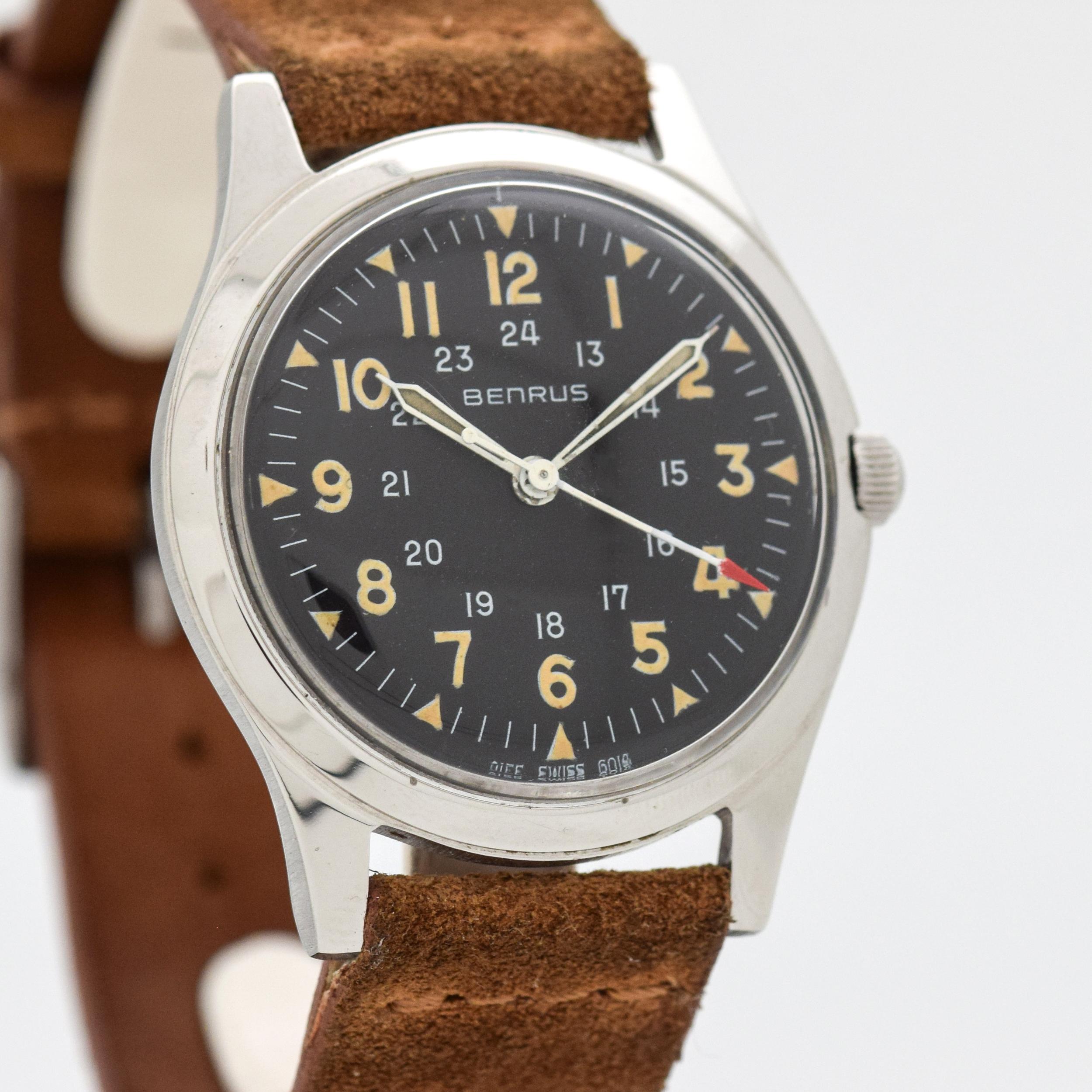 1960's Vintage Benrus Bullitt Ref. 3061 Stainless Steel watch with Original Black Dial with Contract Number 2155/6014 with White Luminous Arabic Numbers with Era Correct Box. Same Model watch worn by Steve McQueen in the Movie Bullitt. Case size,