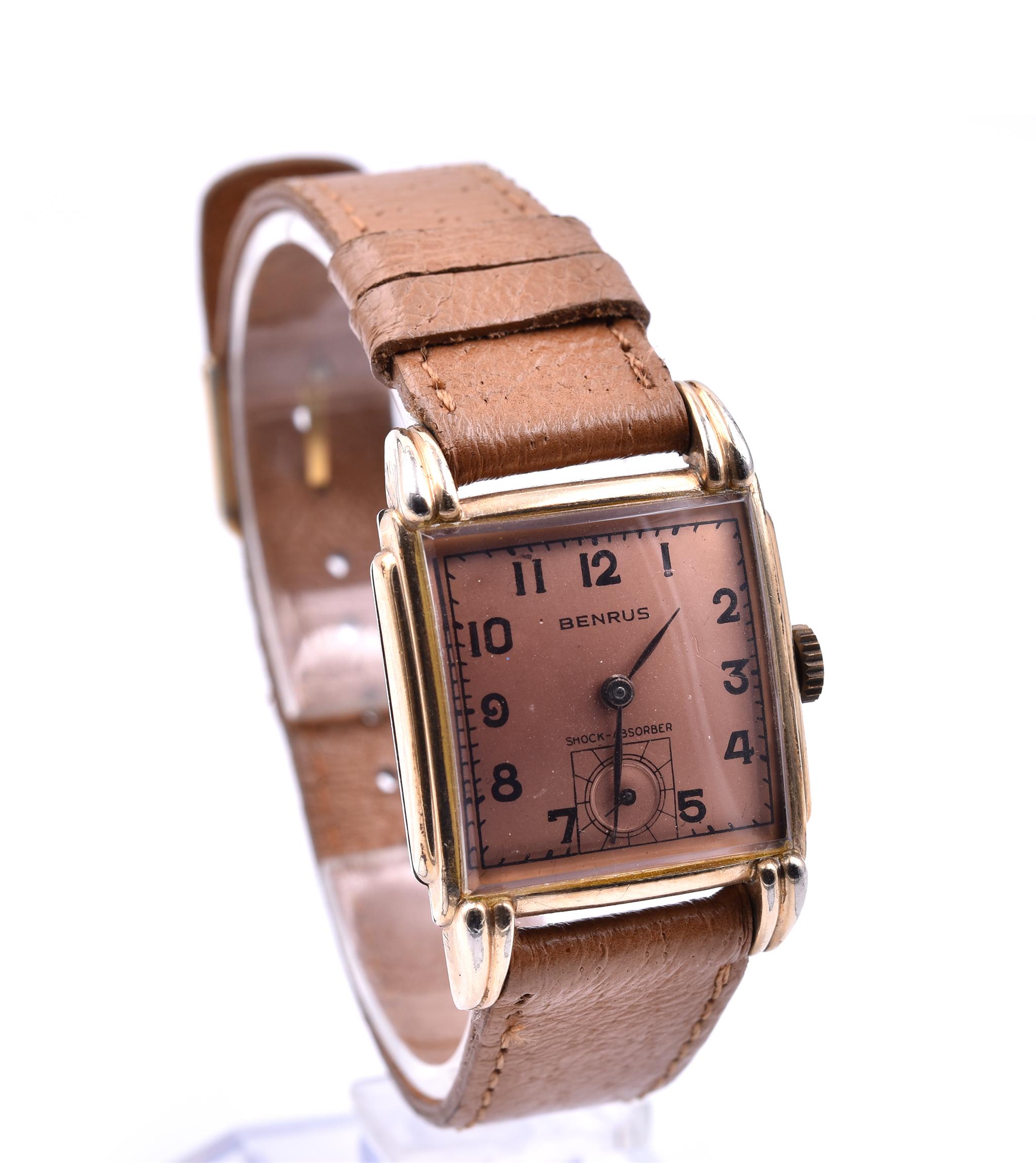 Movement: mechanical wind 17 jewels
Function: hours, minutes, sub-seconds
Case: square 36.4mm x 25.8mm gold-tone stainless steel case, solid case back, plastic crystal, pull/push winding crown
Dial: bronze dial with blued steel hands, black roman