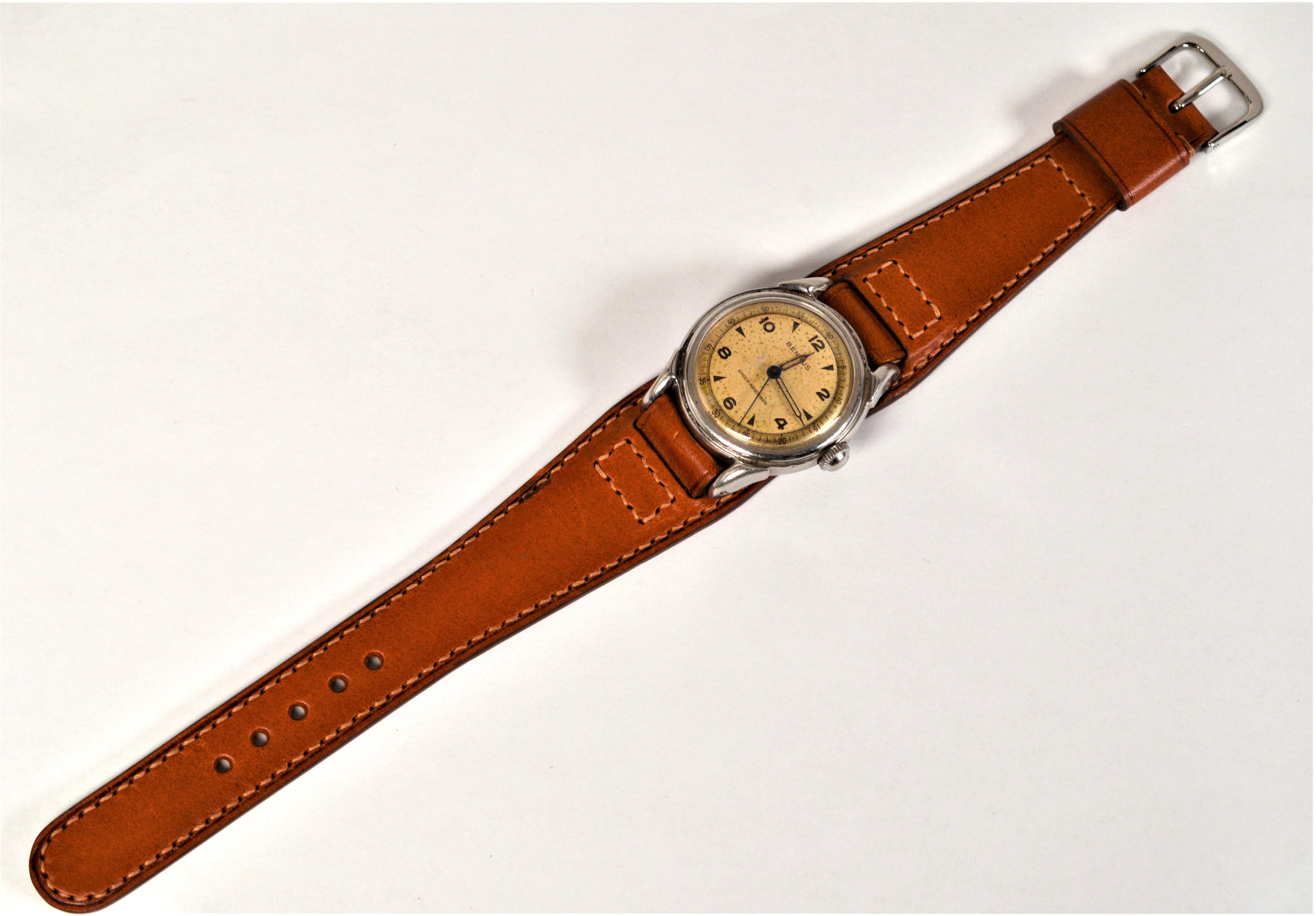Men's Vintage Benrus Military Style Wrist Watch with Leather Bund Strap For Sale