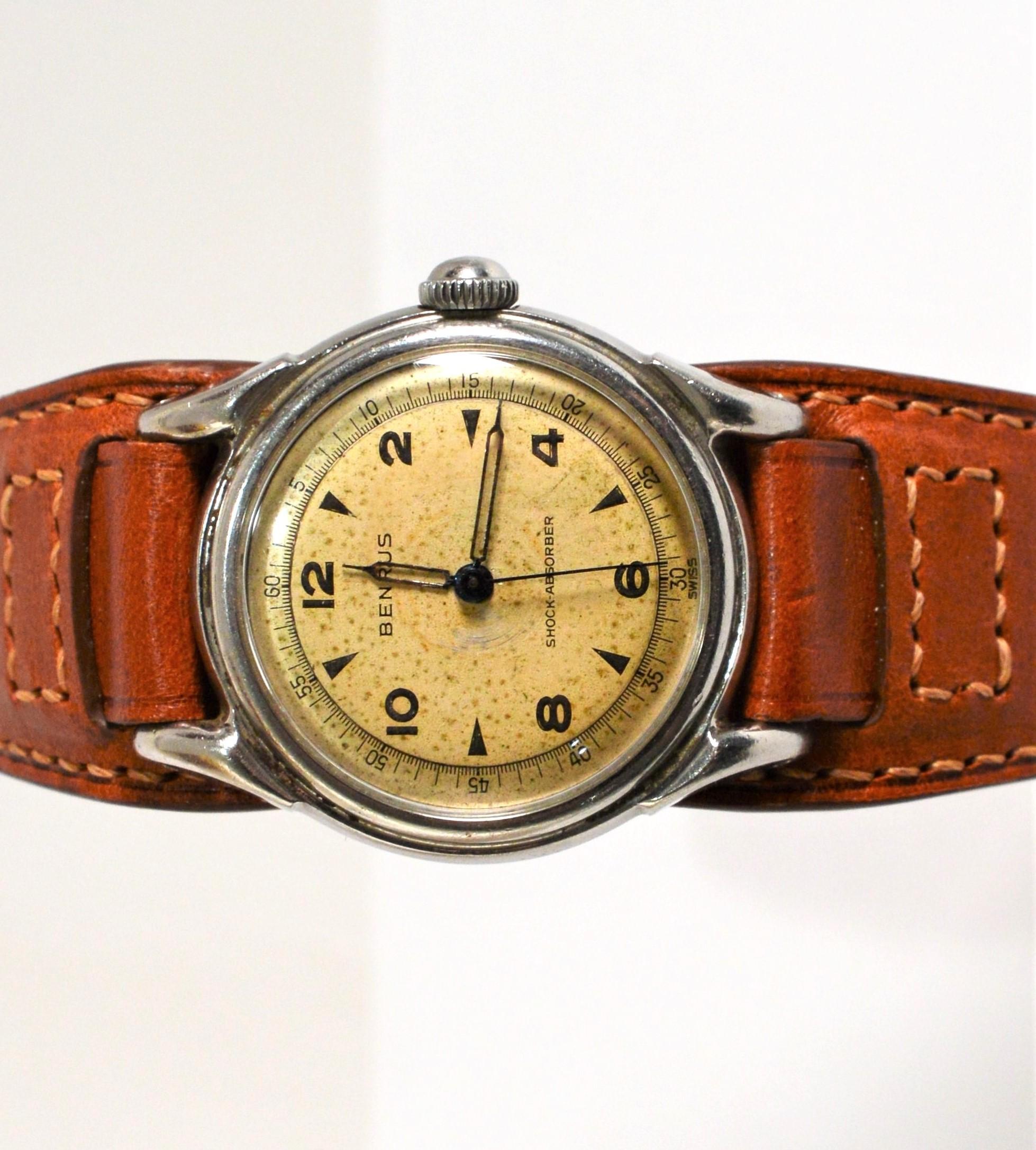 Vintage Benrus Military Style Wrist Watch with Leather Bund Strap For Sale 1