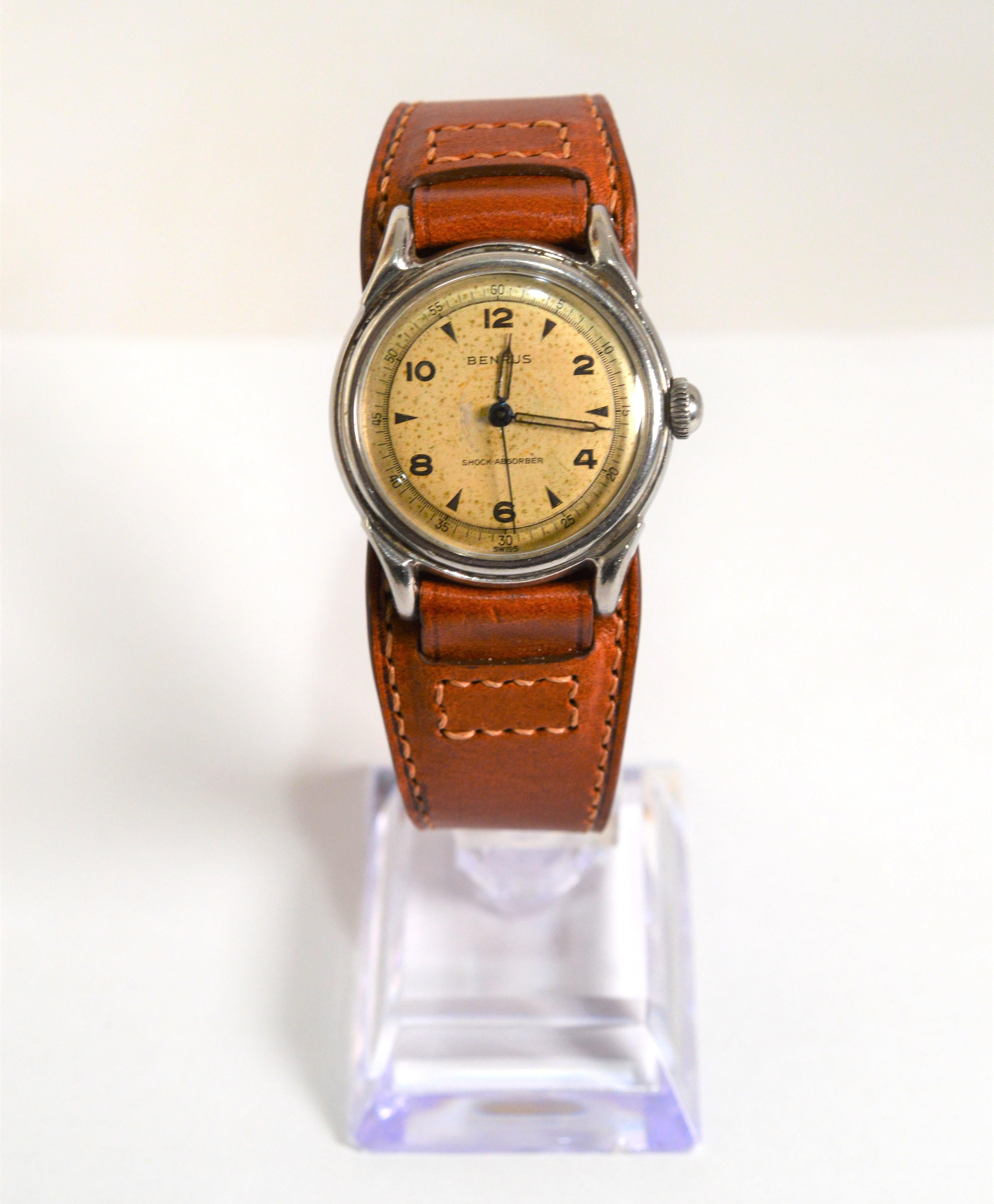 Vintage Benrus Military Style Wrist Watch with Leather Bund Strap For Sale 2