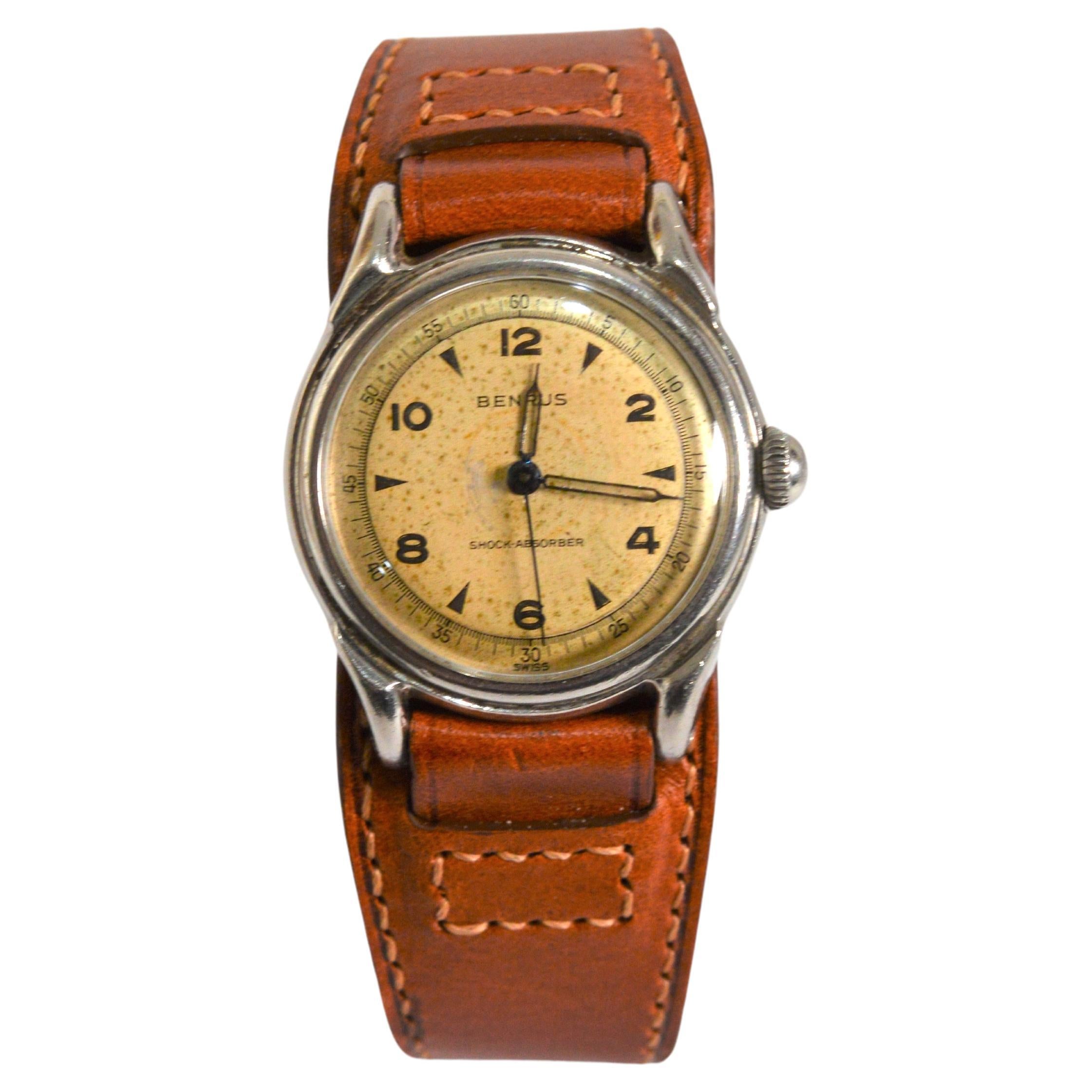 Vintage Benrus Military Style Wrist Watch with Leather Bund Strap For Sale