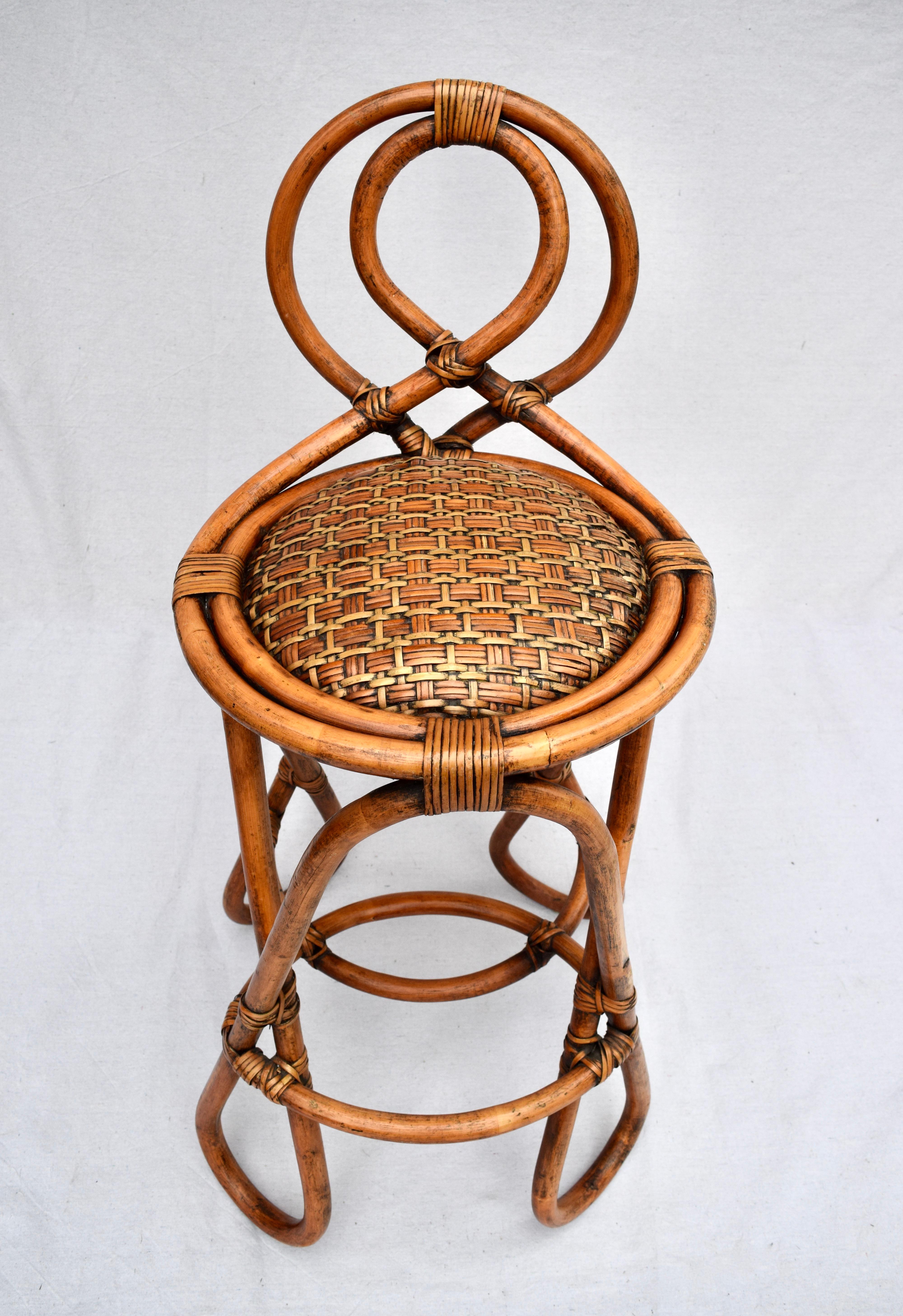 Late 20th Century Vintage Bent Bamboo & Grasscloth Barstools