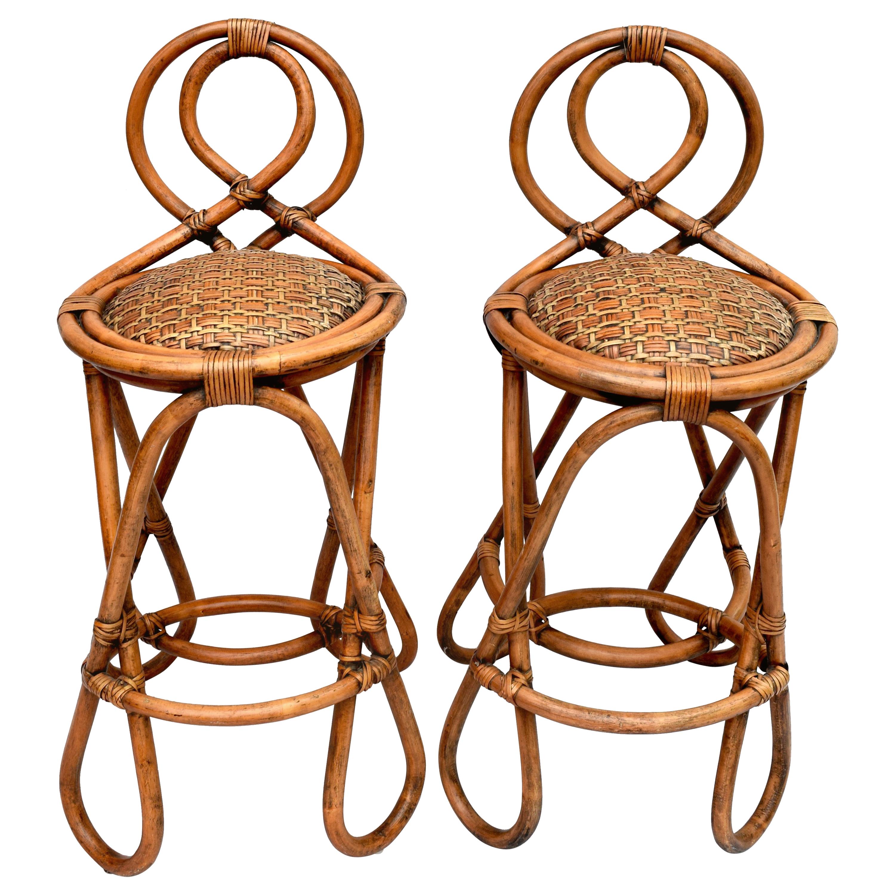 Vintage Bent Bamboo & Grasscloth Barstools